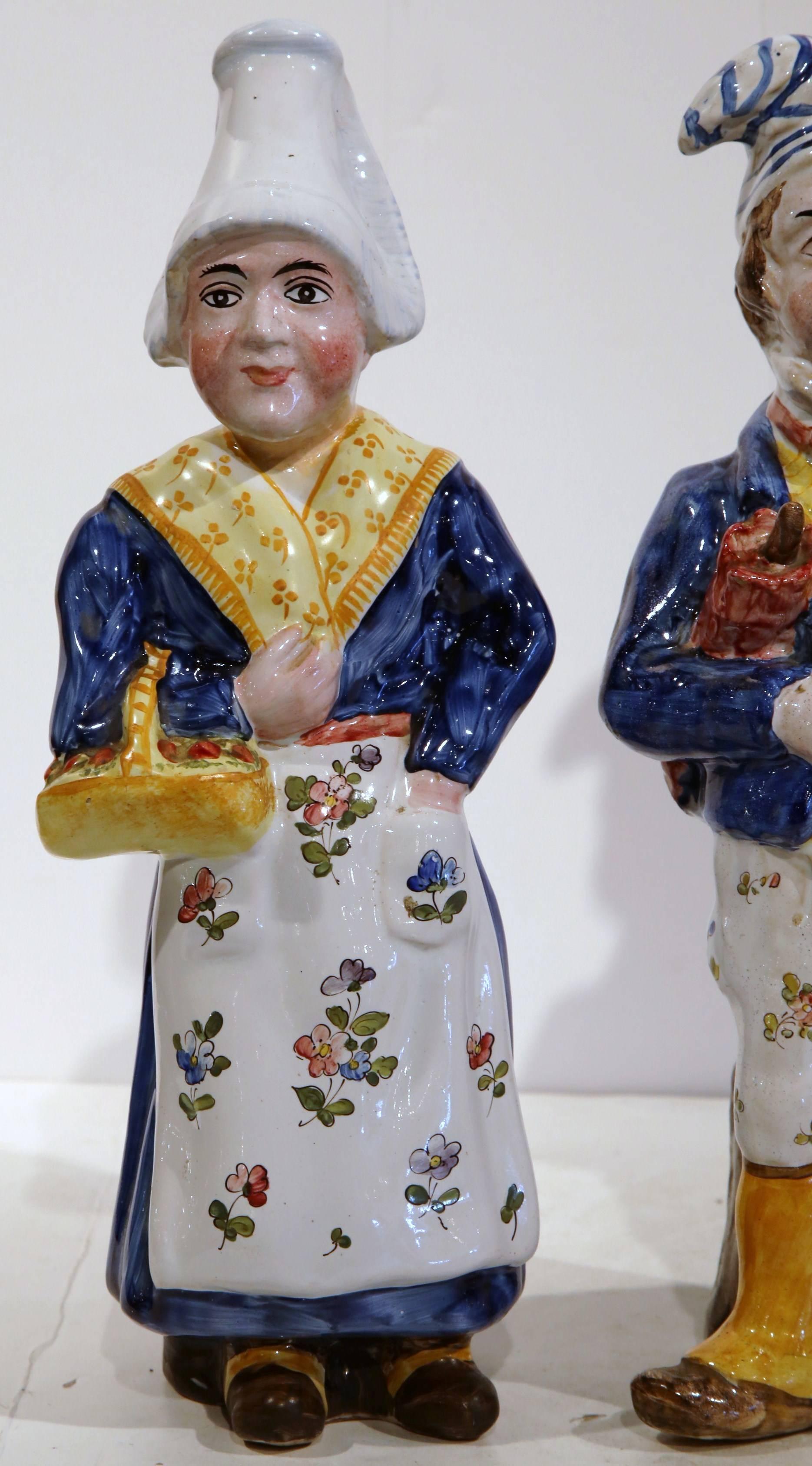 Ceramic Pair of 19th Century French Hand-Painted Faience Figurines Marked QR