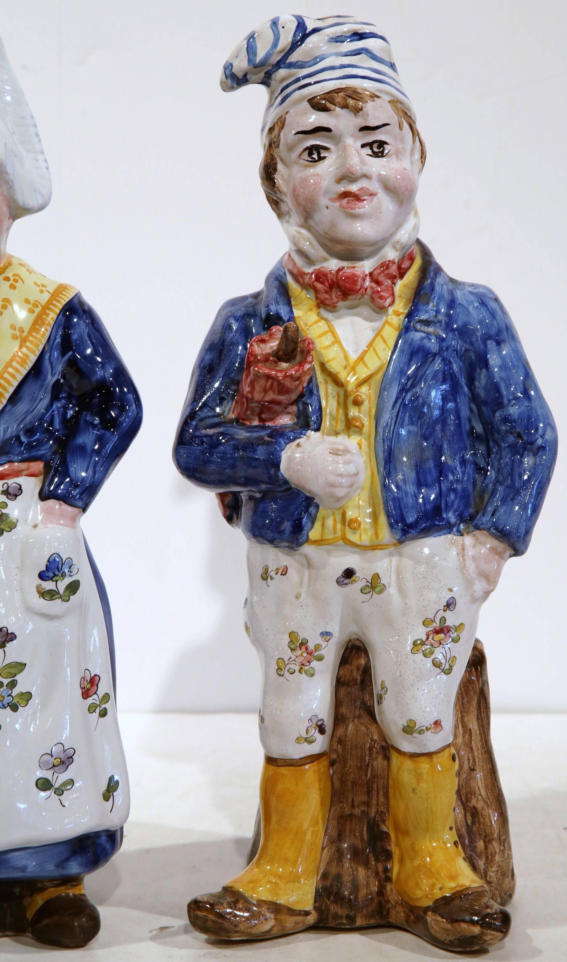 Pair of 19th Century French Hand-Painted Faience Figurines Marked QR 1