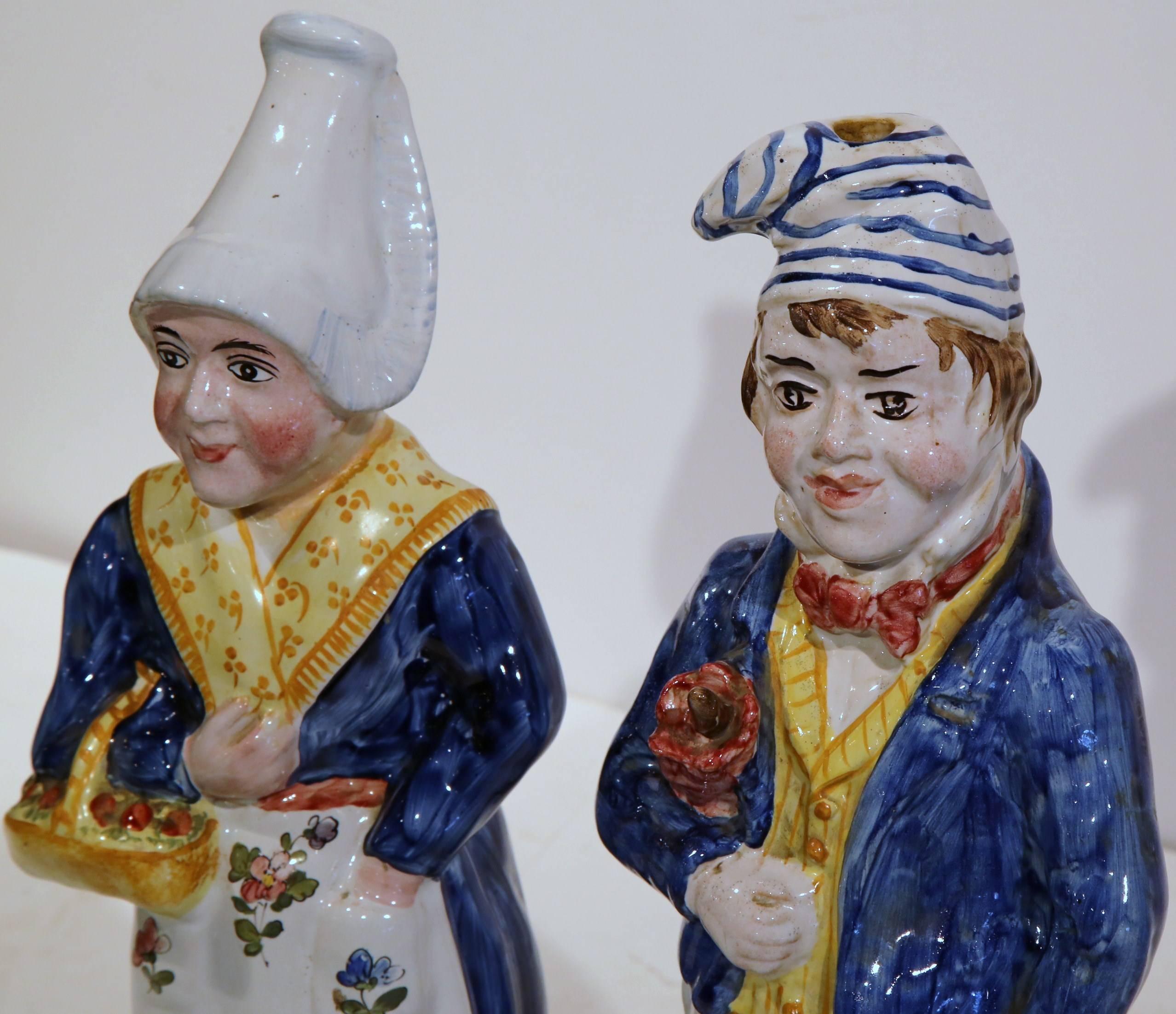 Pair of 19th Century French Hand-Painted Faience Figurines Marked QR 2