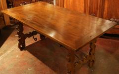 19th Century Spanish Walnut Table with Wrought Iron Stretcher