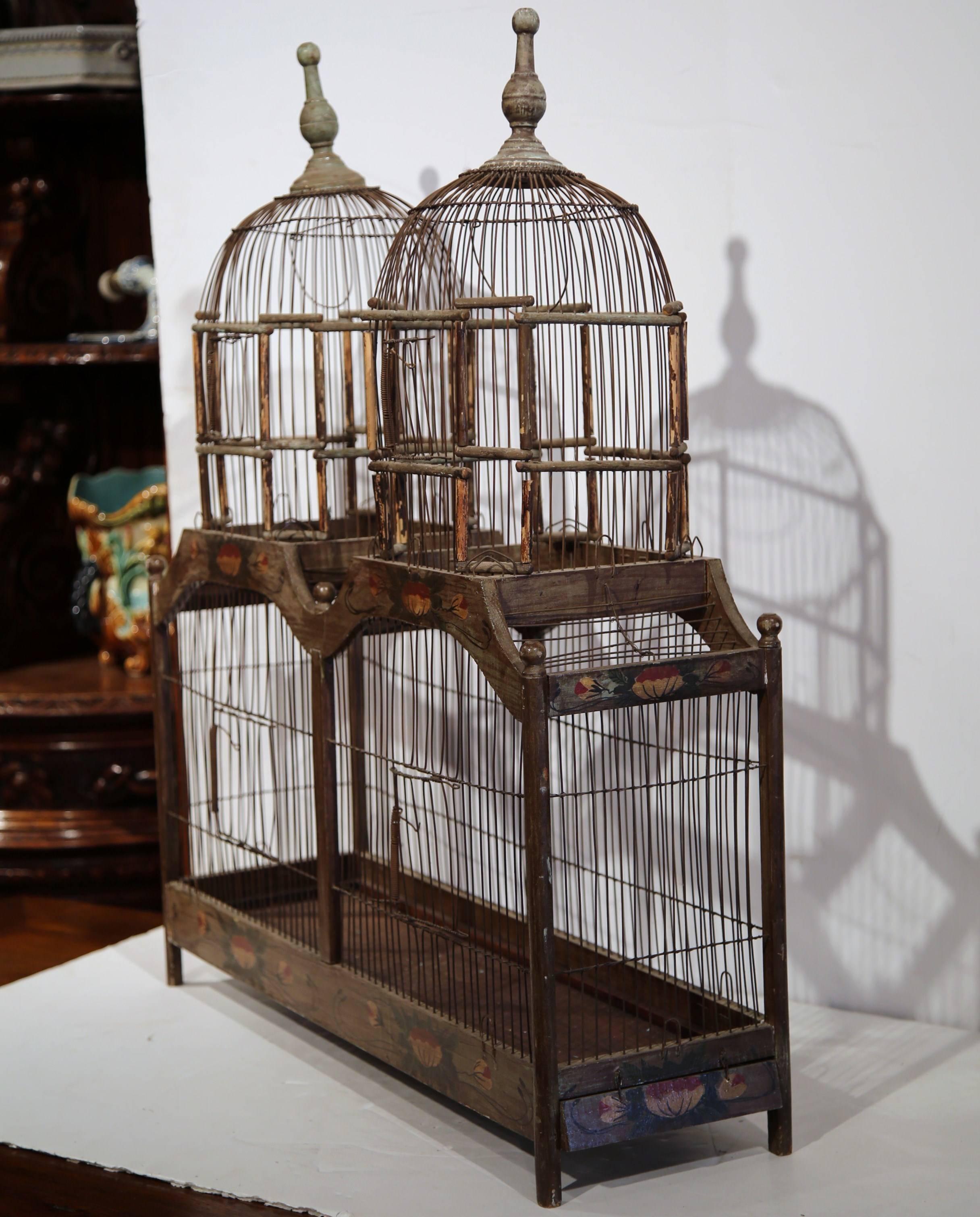 Large Vintage French Painted Birdcage with Sliding Removable Tray In Excellent Condition In Dallas, TX
