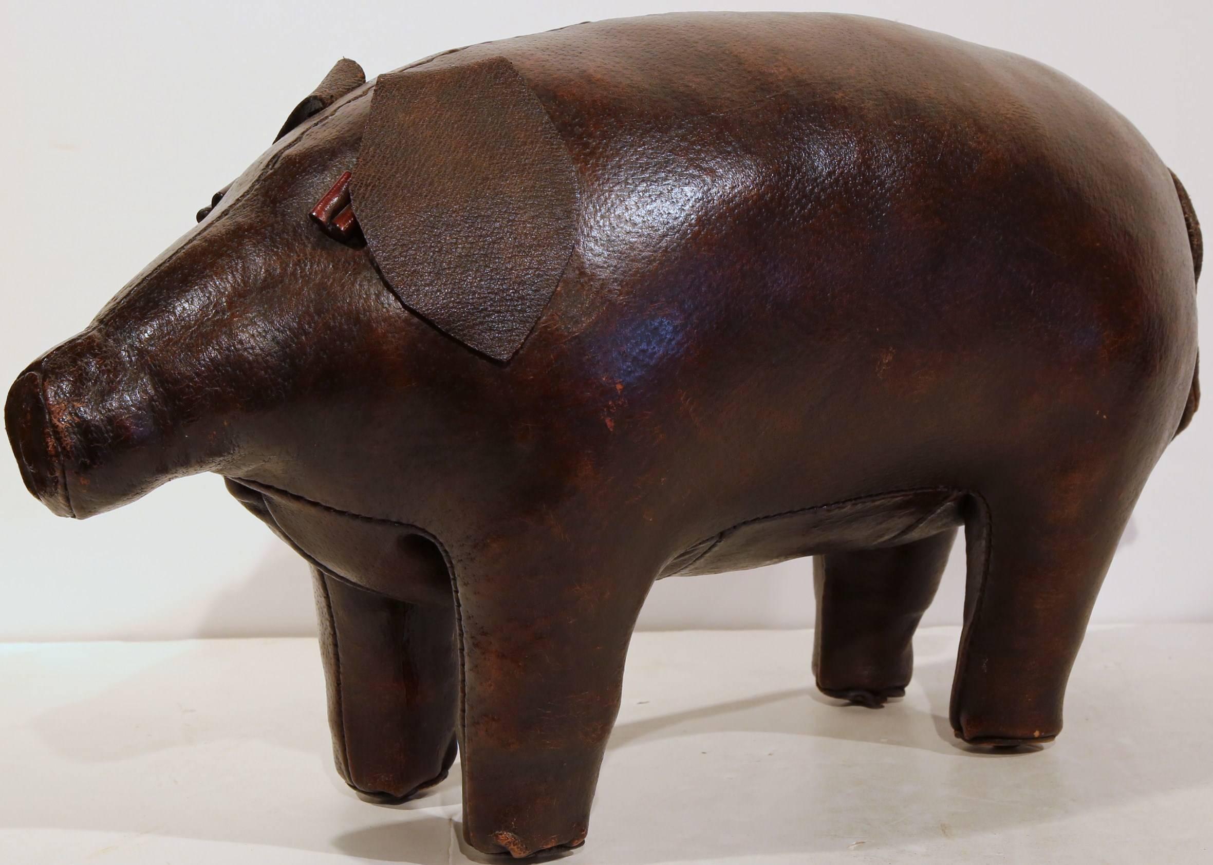 Art Deco Fine Vintage English Foot Stool Pig with Original Leather
