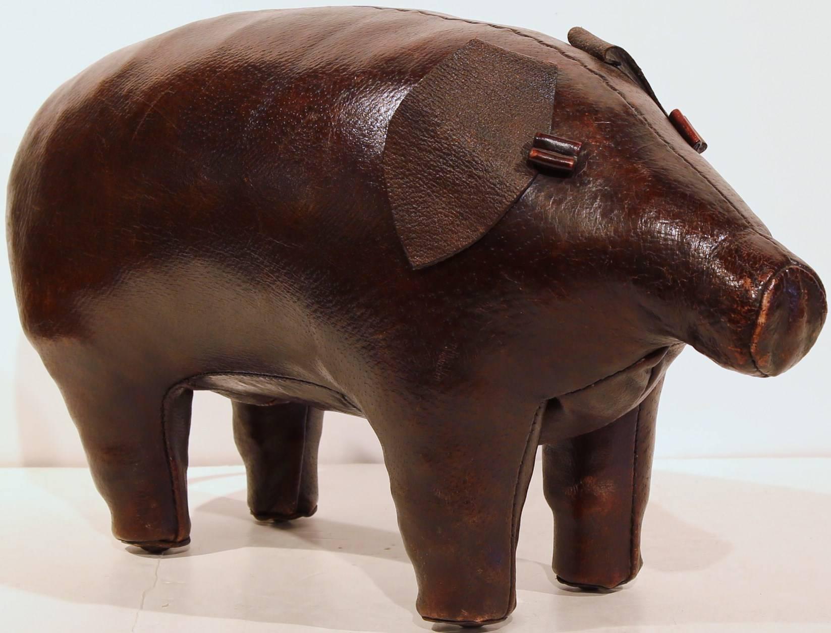 Fine Vintage English Foot Stool Pig with Original Leather 1