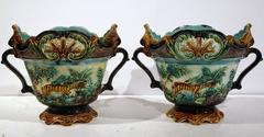Pair of 19th Century French Barbotine Cache Pots with Monkeys and Tigers