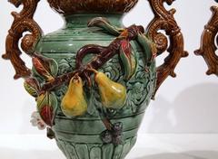 Pair of 1920s French Barbotine Vases with Pears and Grapes