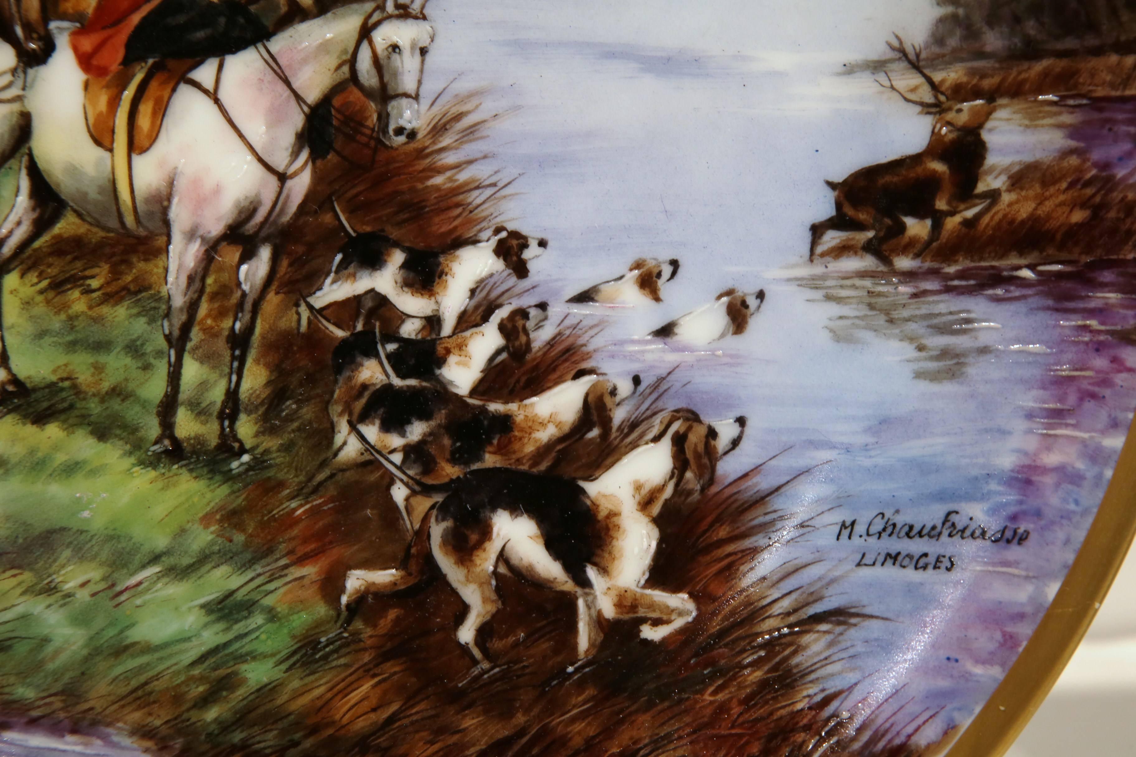 Pair of 19th Century Limoges Plates with Hunting Scenes Signed M. Chauffriasse 2