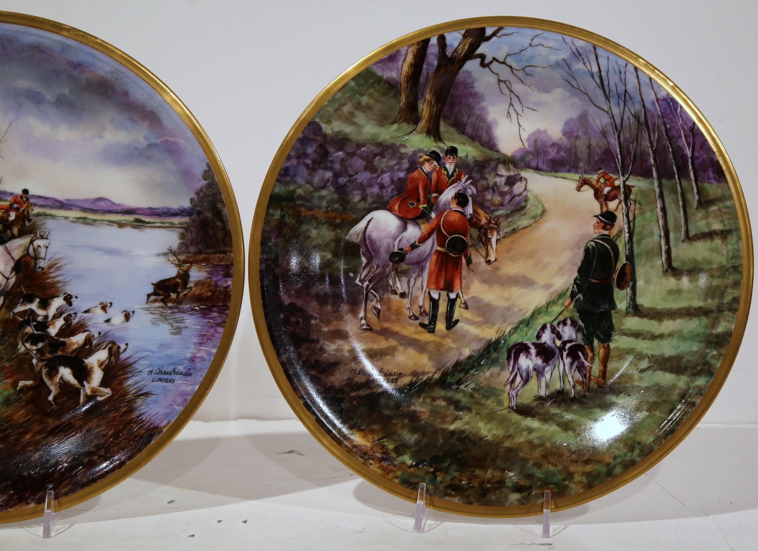 French Pair of 19th Century Limoges Plates with Hunting Scenes Signed M. Chauffriasse