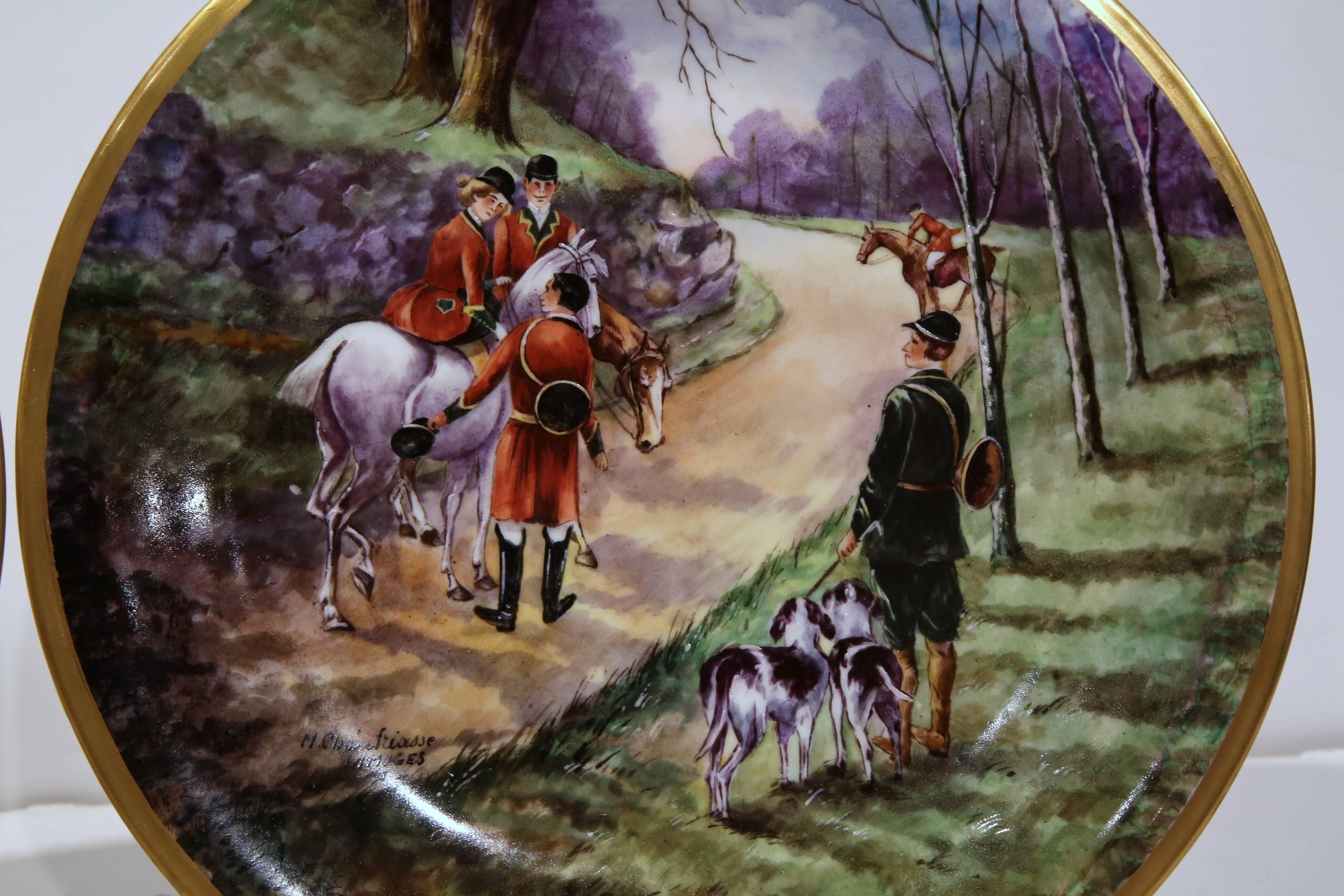 Pair of 19th Century Limoges Plates with Hunting Scenes Signed M. Chauffriasse 1