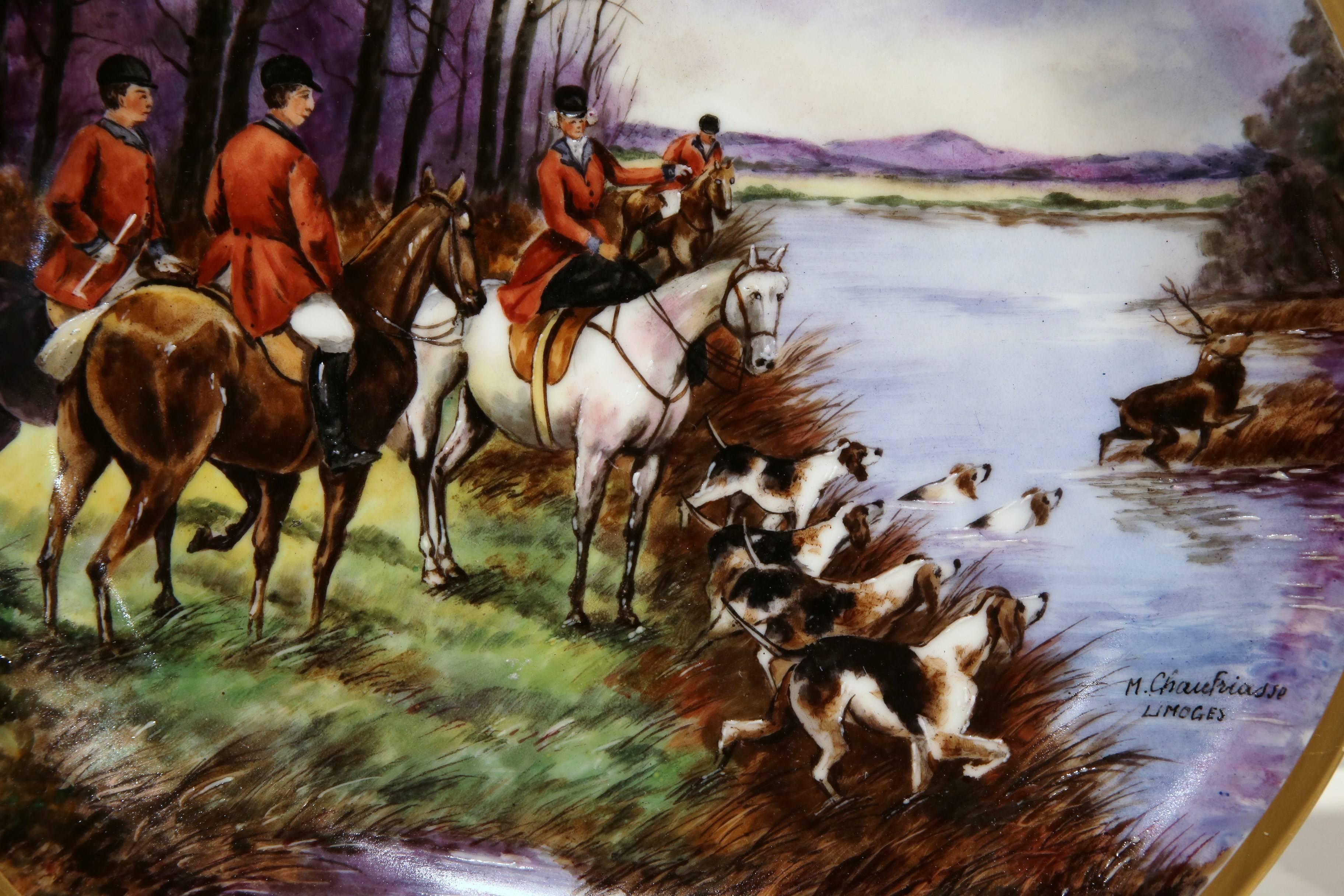 Pair of 19th Century Limoges Plates with Hunting Scenes Signed M. Chauffriasse In Excellent Condition In Dallas, TX