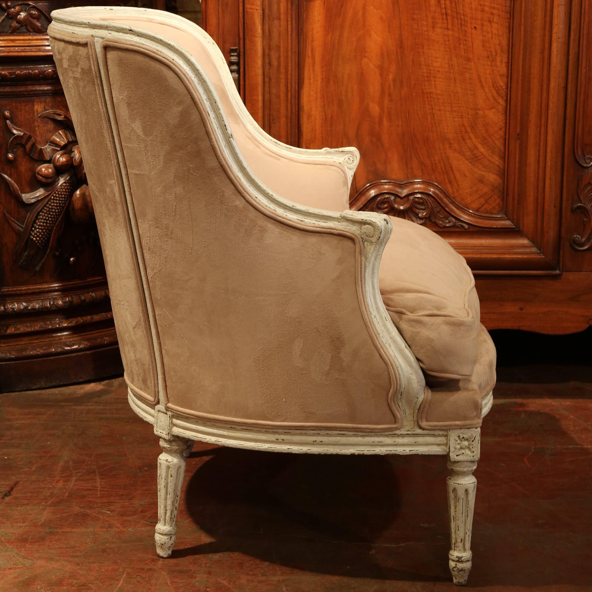 Pair of 19th Century French Louis XVI Carved Painted Armchairs with Suede Fabric In Excellent Condition In Dallas, TX