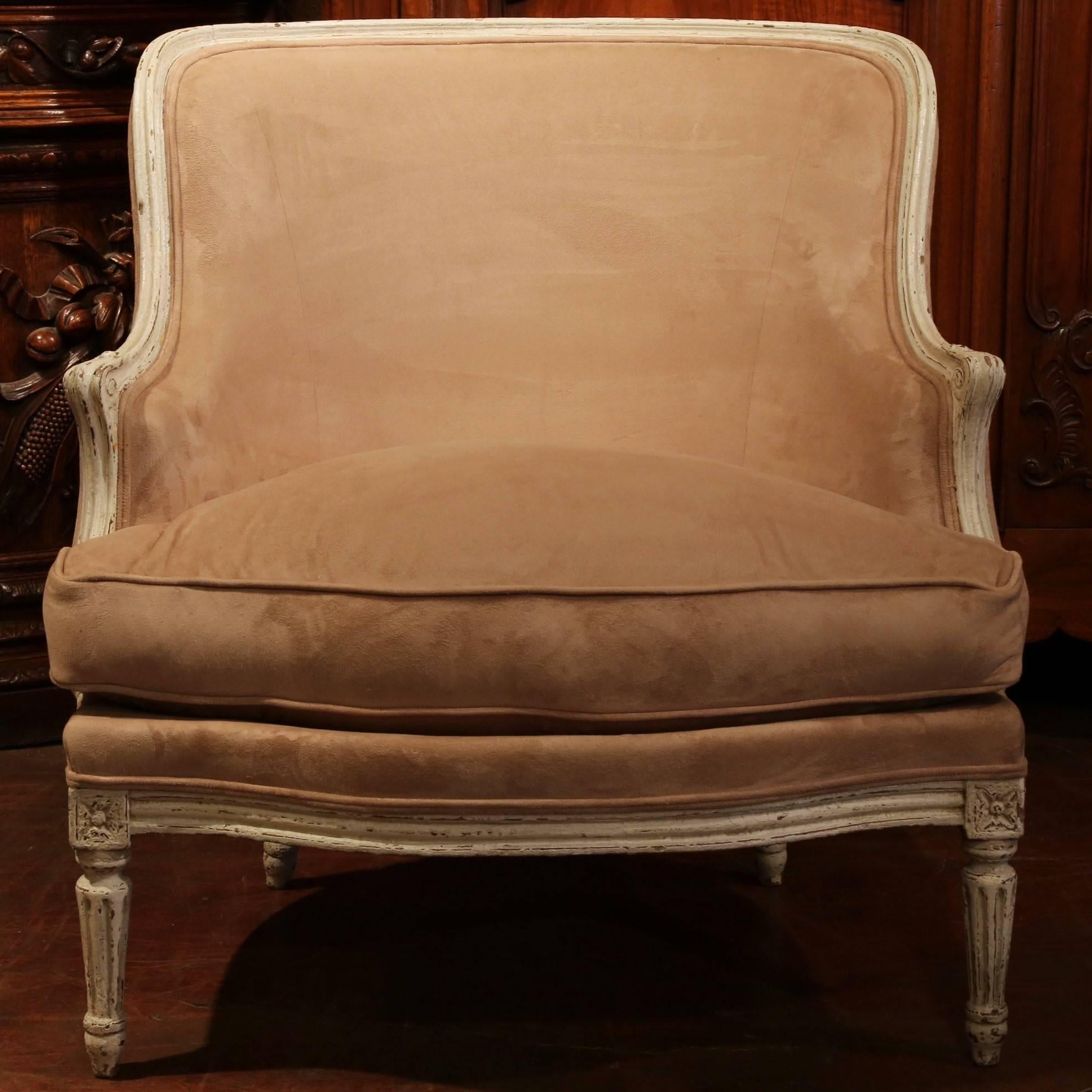 Pair of 19th Century French Louis XVI Carved Painted Armchairs with Suede Fabric 3