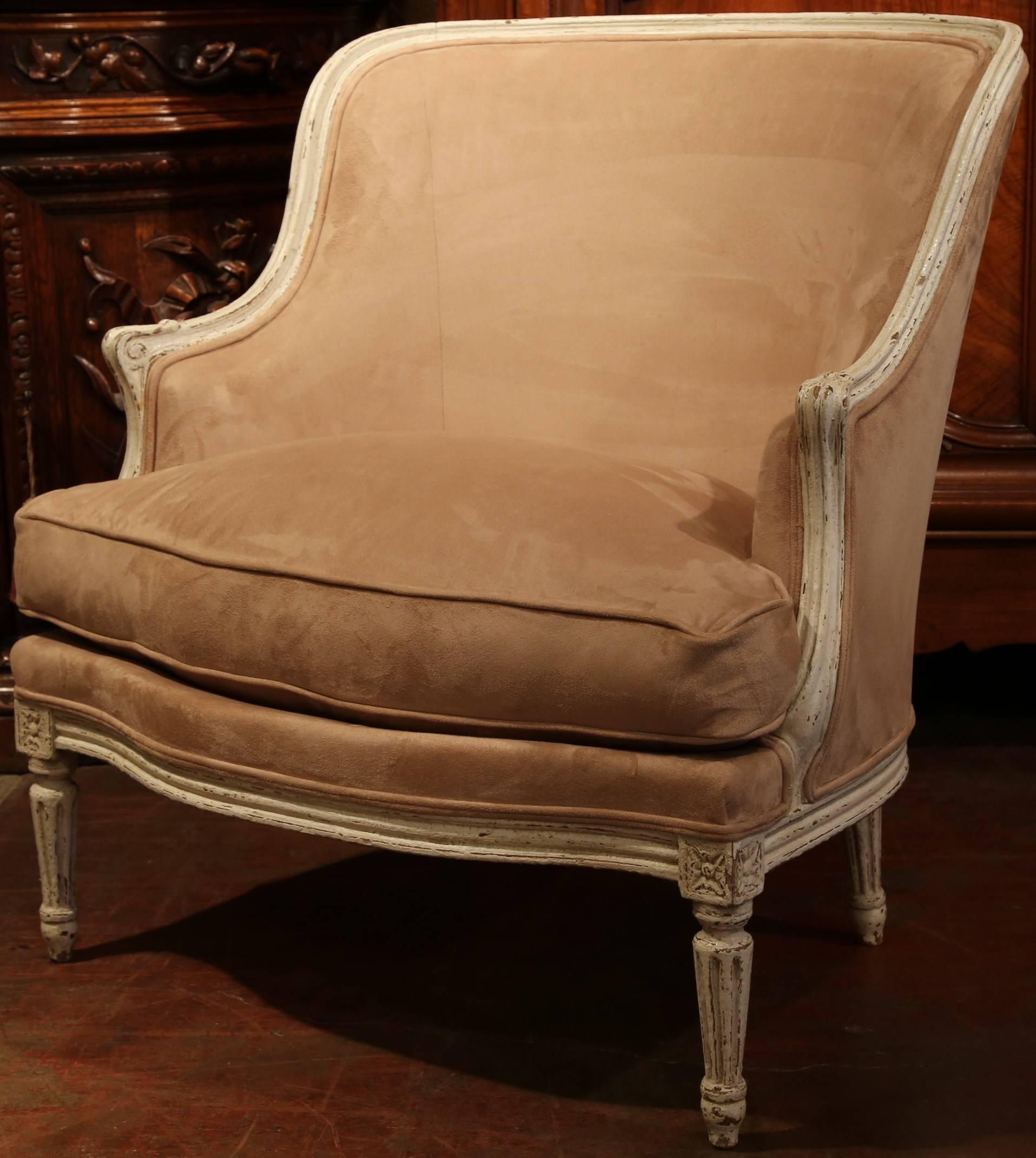 Pair of 19th Century French Louis XVI Carved Painted Armchairs with Suede Fabric 5