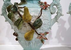 Pair of Early 20th Century French Barbotine Vases with Pears and Flowers