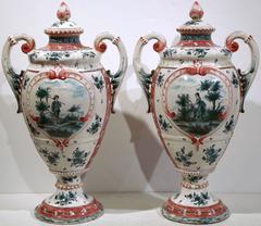 Pair of 19th Century French Hand-Painted Faience Vases with Lids from Provence