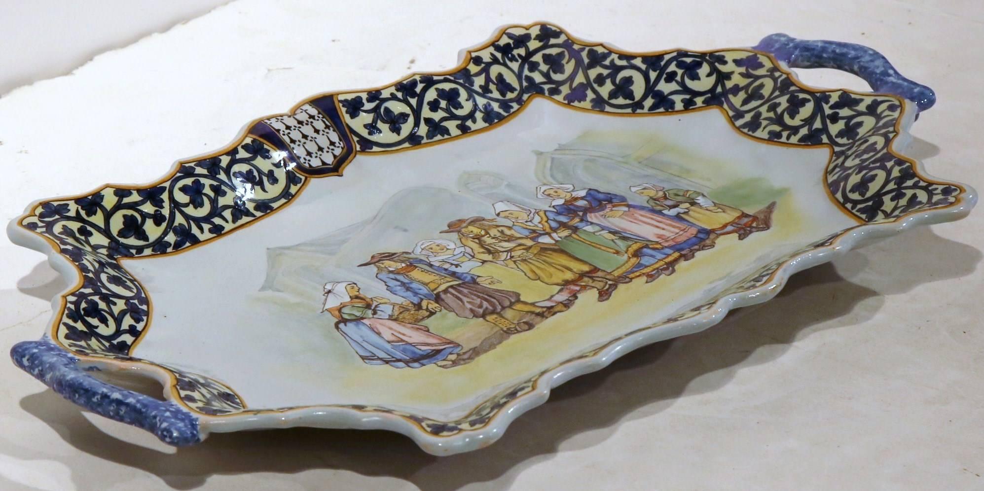 19th Century French Porquier-Beau Quimper Hand-Painted Platter with Handles 5