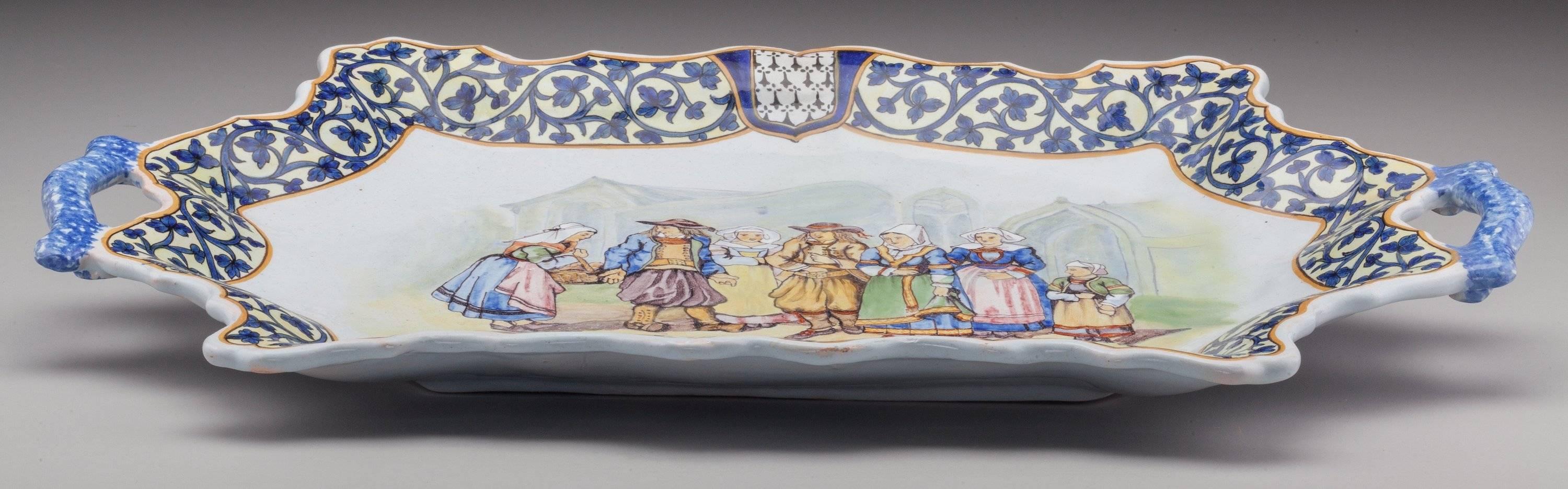 19th Century French Porquier-Beau Quimper Hand-Painted Platter with Handles 2