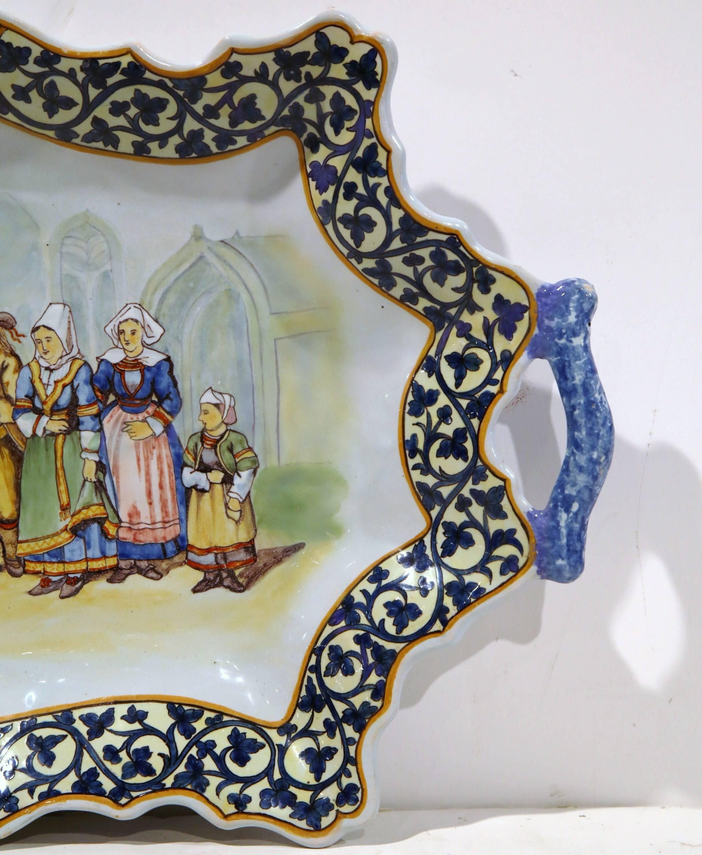 19th Century French Porquier-Beau Quimper Hand-Painted Platter with Handles 1