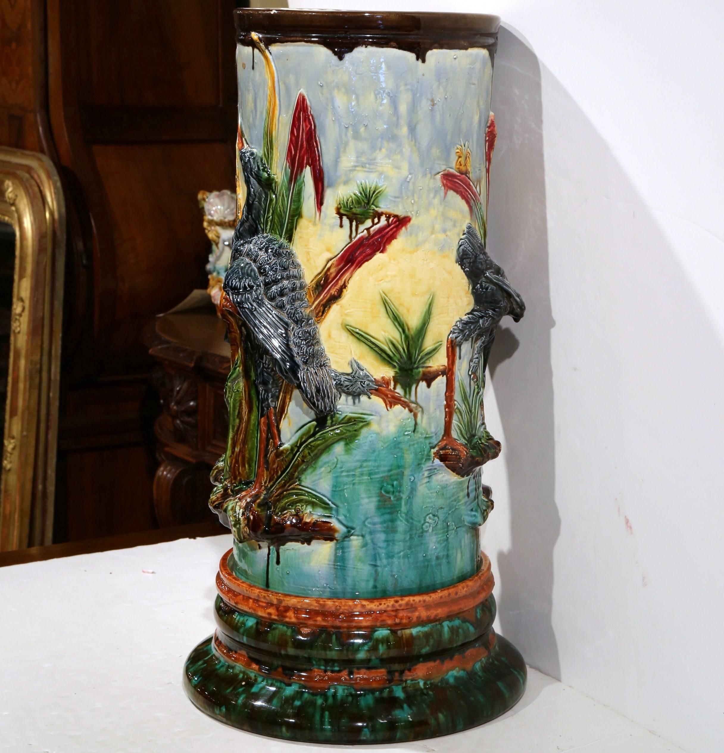 Tall 19th Century French Barbotine Umbrella Stand with Birds 1