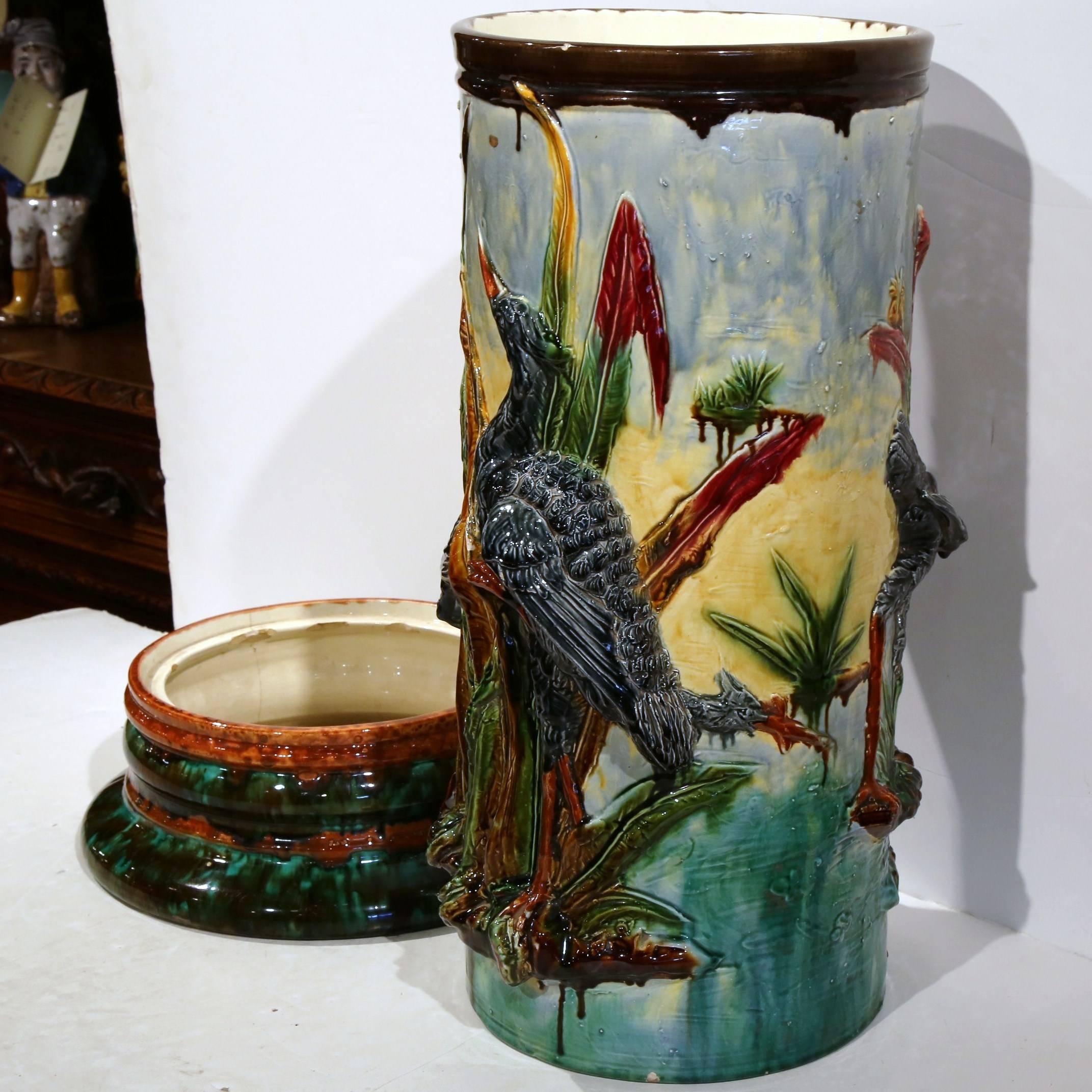 Tall 19th Century French Barbotine Umbrella Stand with Birds 2