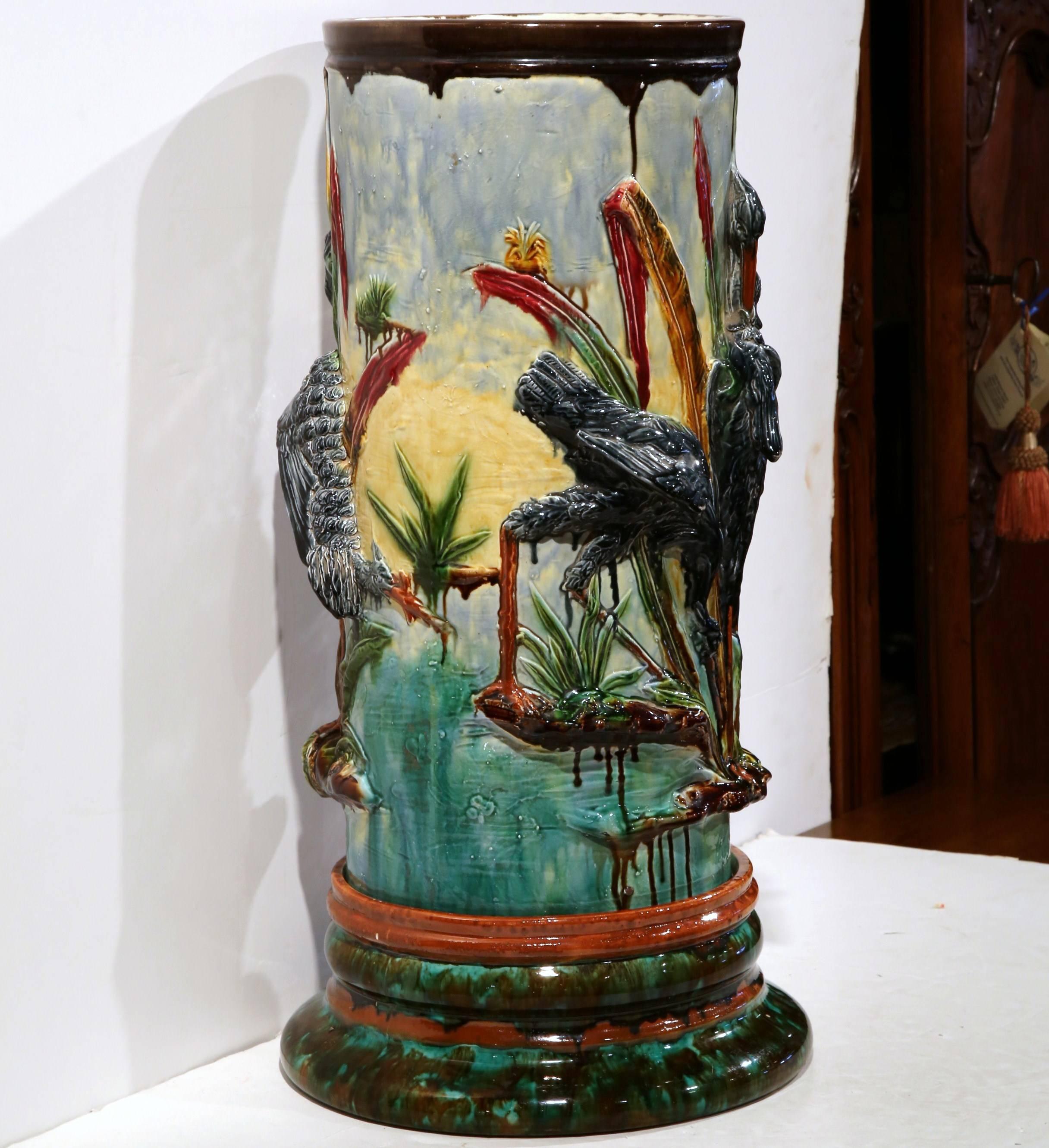 Tall 19th Century French Barbotine Umbrella Stand with Birds 5