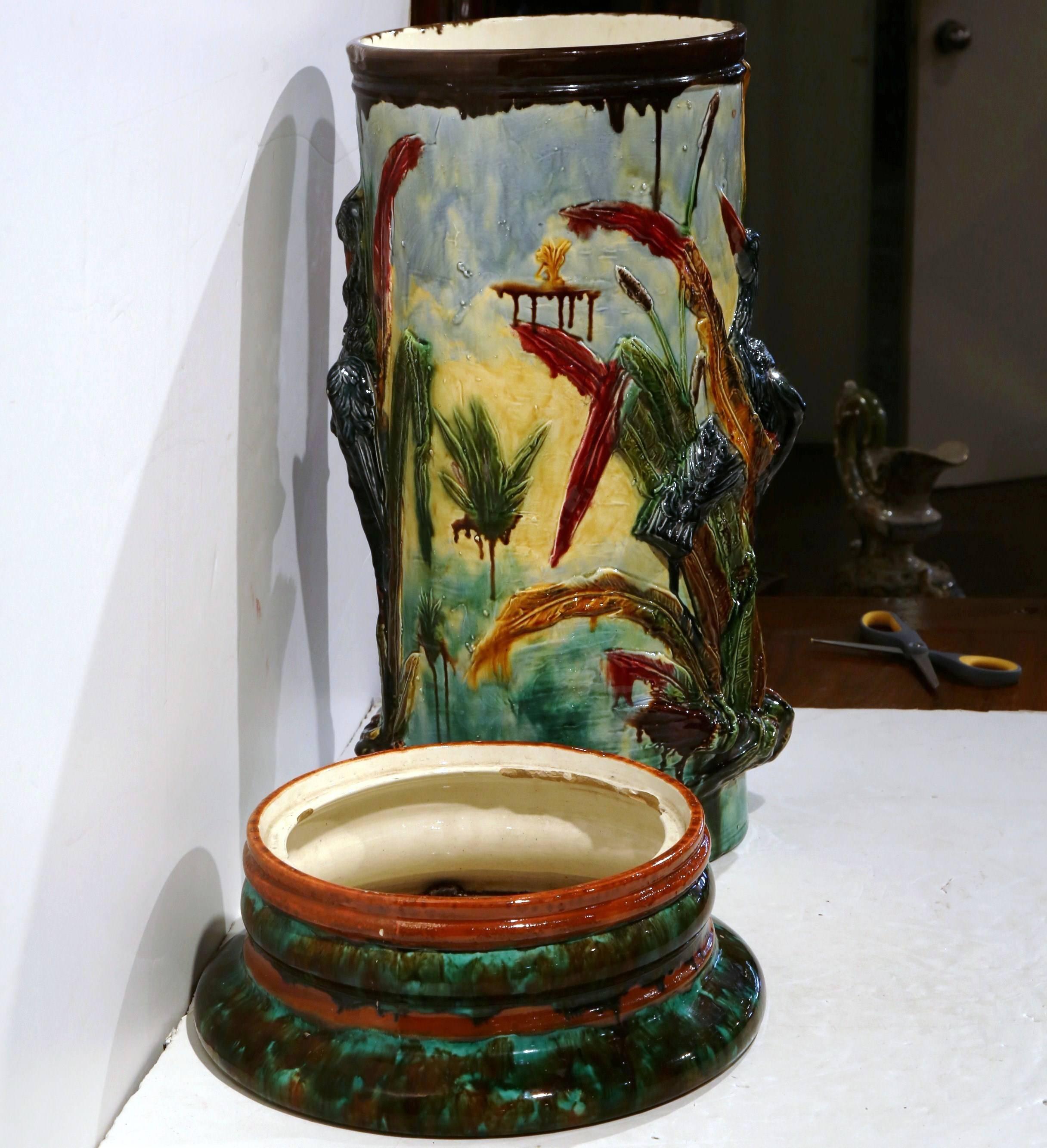 Tall 19th Century French Barbotine Umbrella Stand with Birds 7