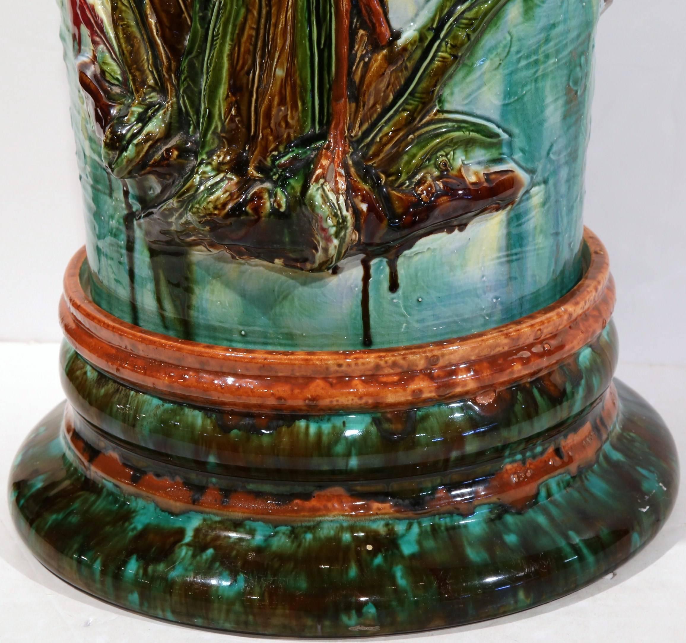 Tall 19th Century French Barbotine Umbrella Stand with Birds 4