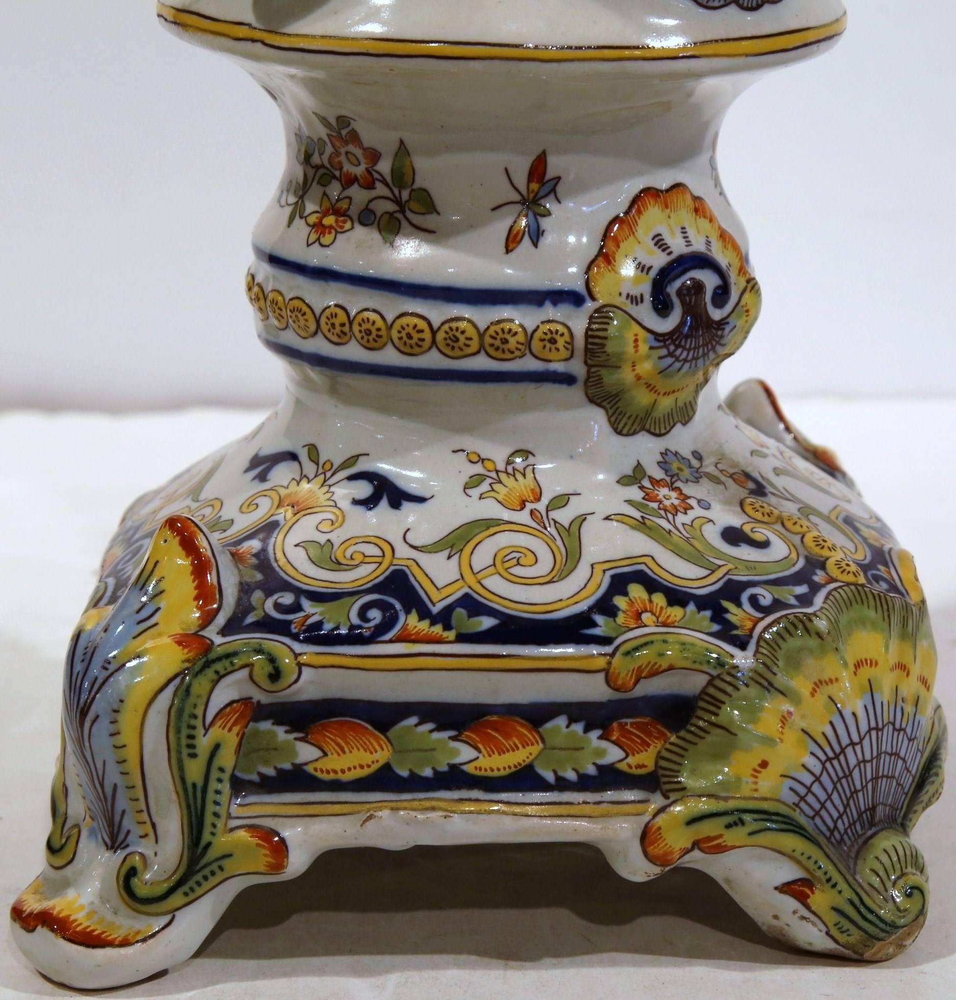 Ceramic Large 19th Century French Hand Painted Faience Ewer Vase from Rouen