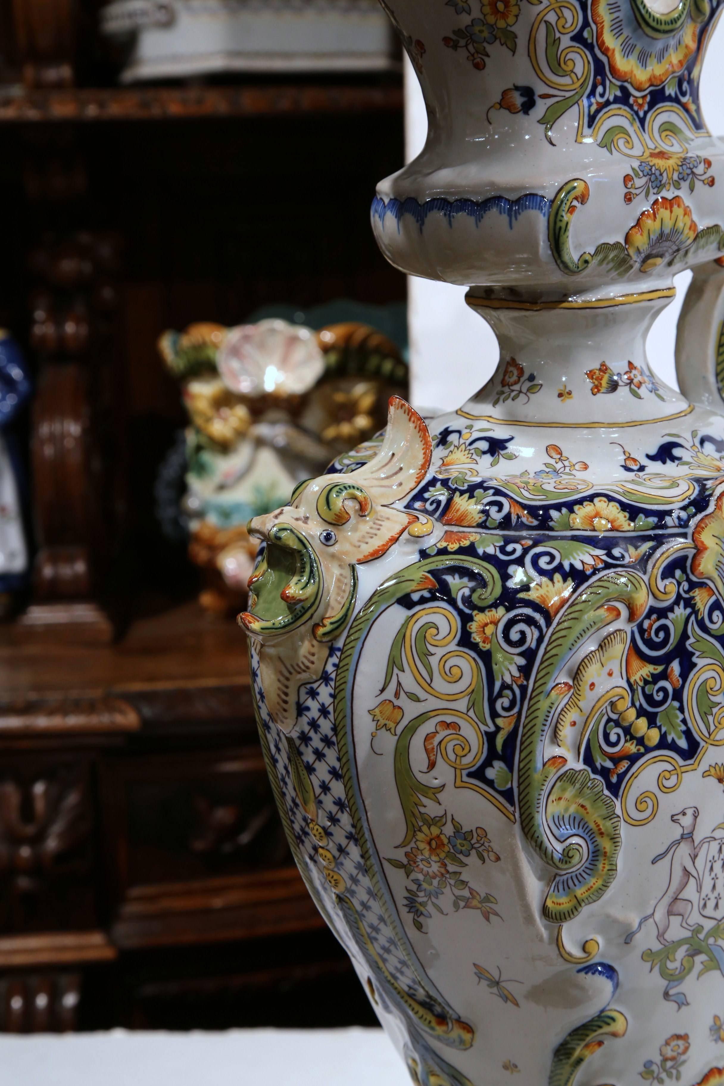 Large 19th Century French Hand Painted Faience Ewer Vase from Rouen In Excellent Condition In Dallas, TX