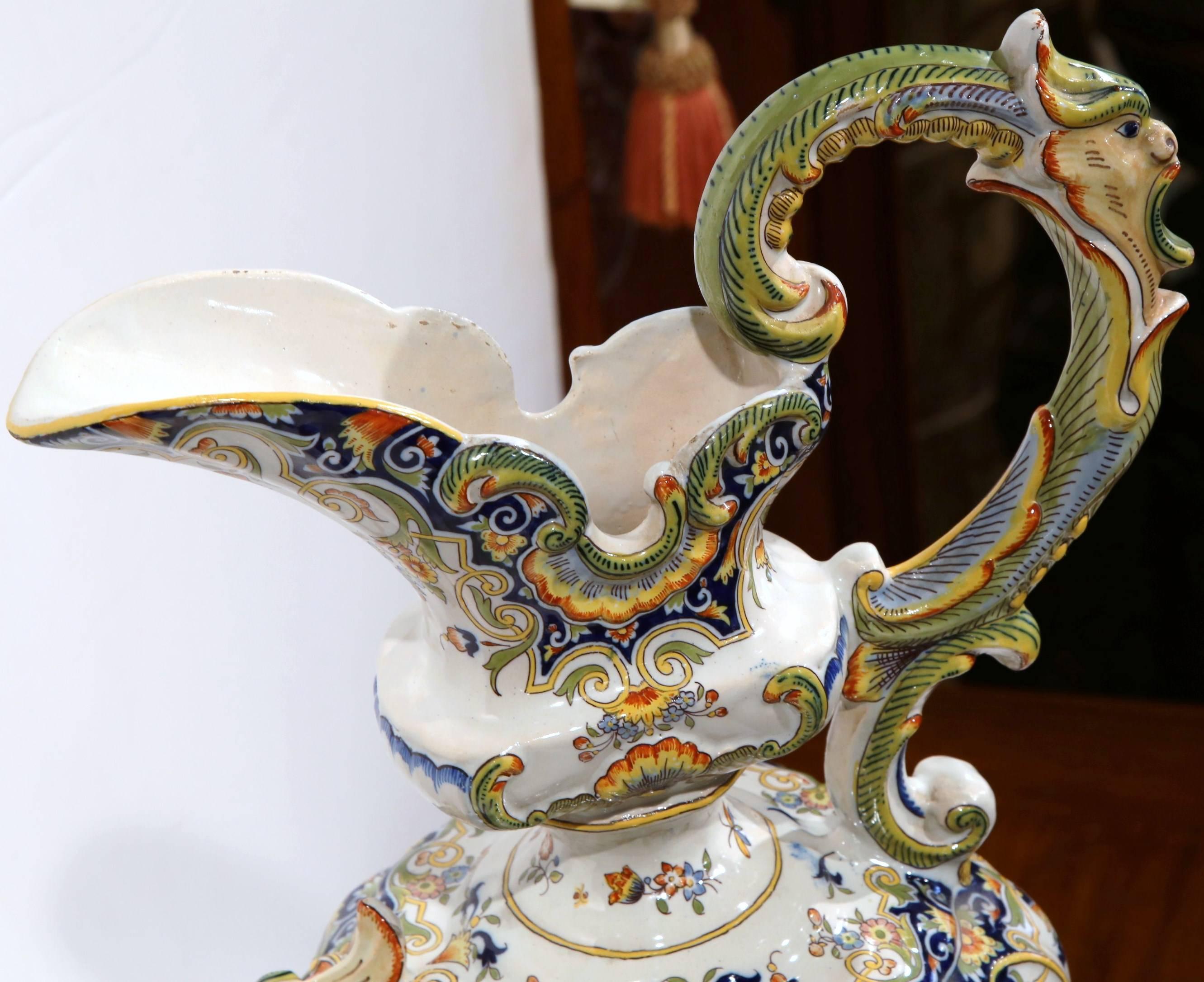 Large 19th Century French Hand Painted Faience Ewer Vase from Rouen 1