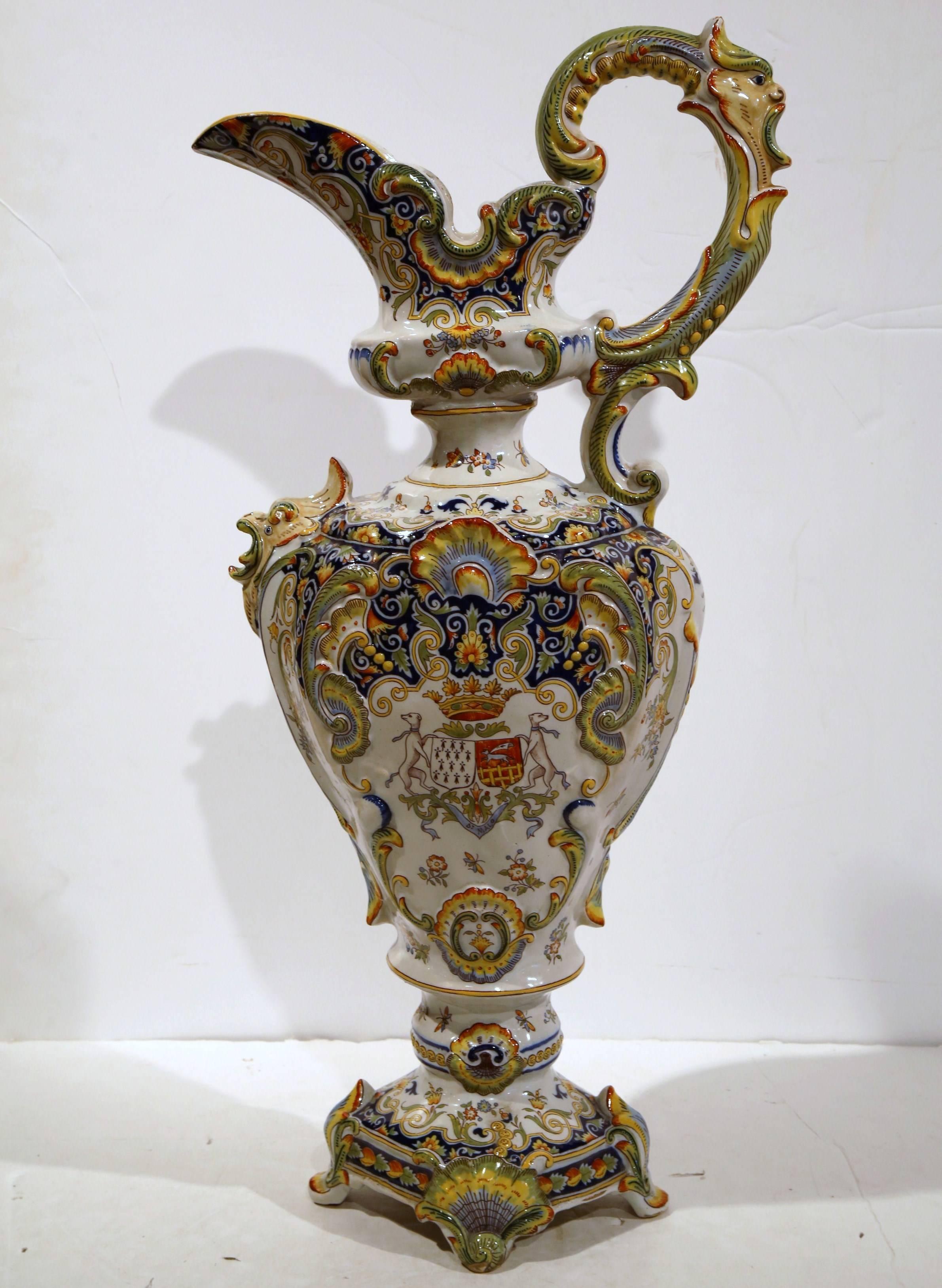 Large 19th Century French Hand Painted Faience Ewer Vase from Rouen 4