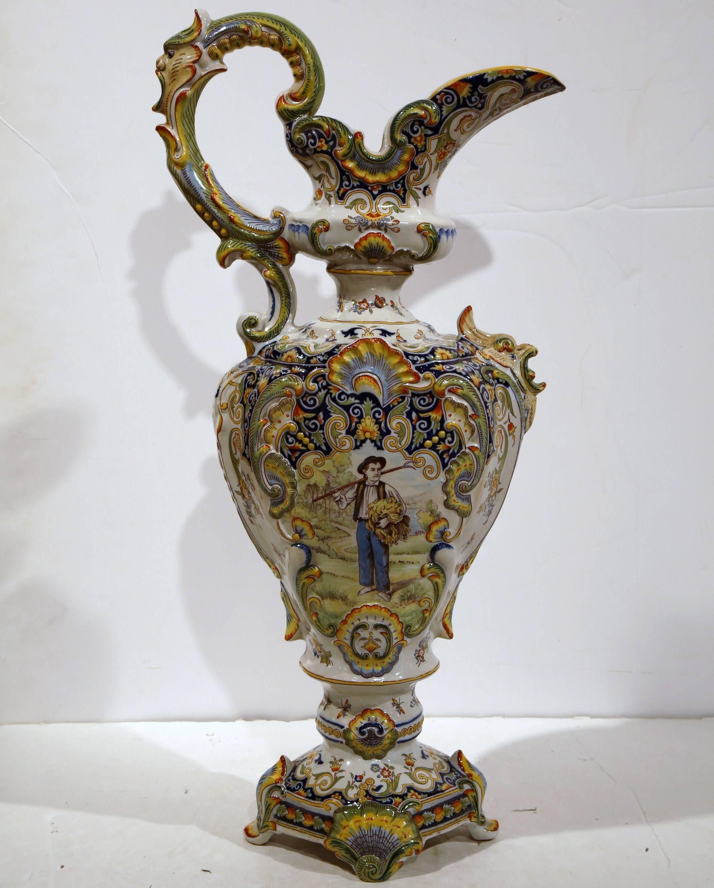 Large 19th Century French Hand Painted Faience Ewer Vase from Rouen 3