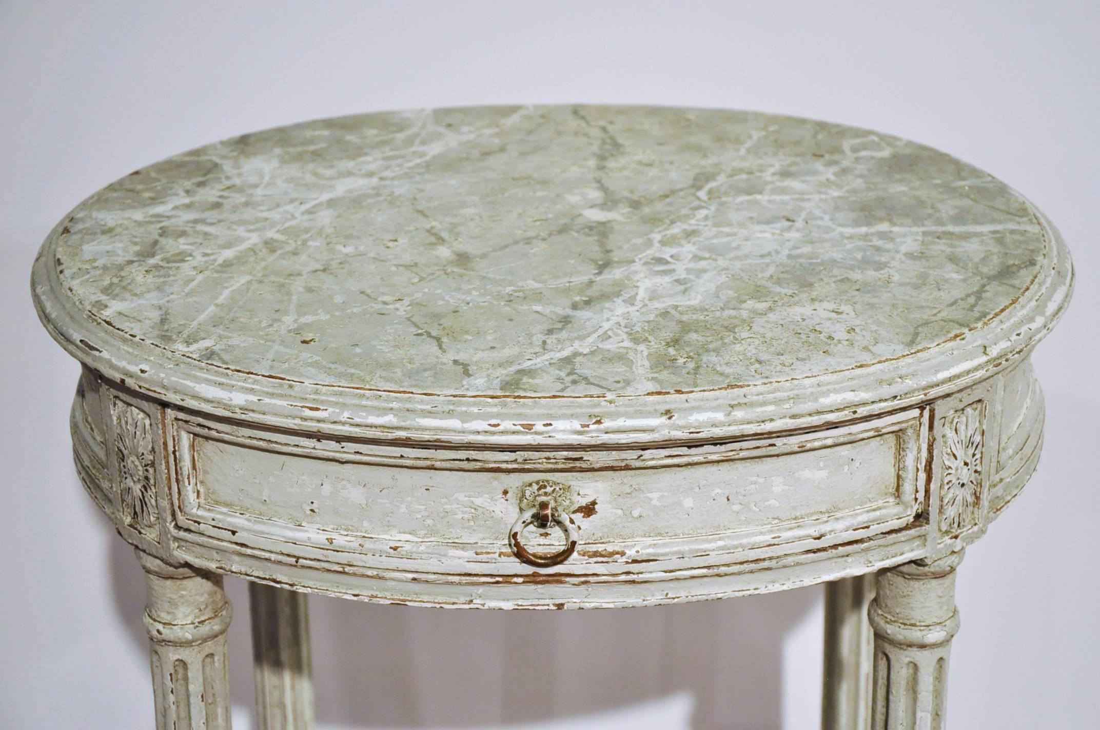 Pair of 19th Century French Louis XVI Painted Oval Tables with Faux Marble Top In Excellent Condition In Dallas, TX