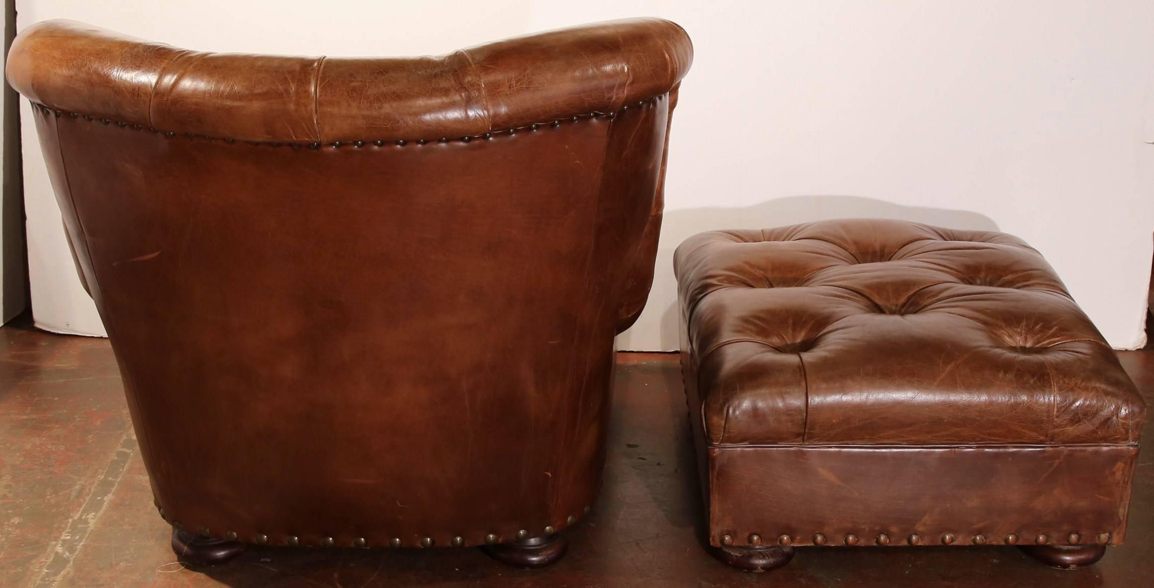Large Vintage Ralph Lauren Brown Leather Armchair with Matching Ottoman 2