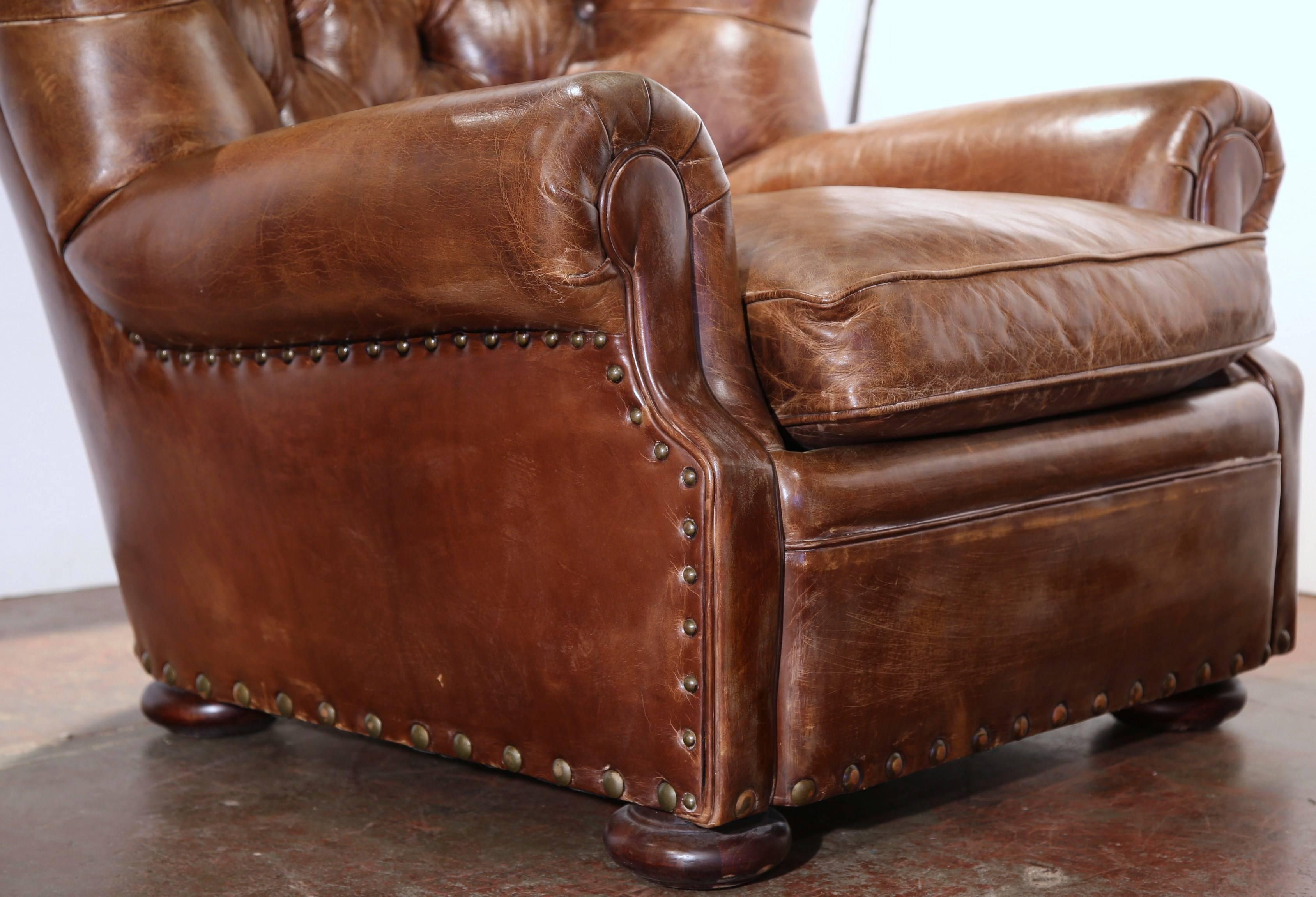 Large Vintage Ralph Lauren Brown Leather Armchair with Matching Ottoman In Excellent Condition In Dallas, TX