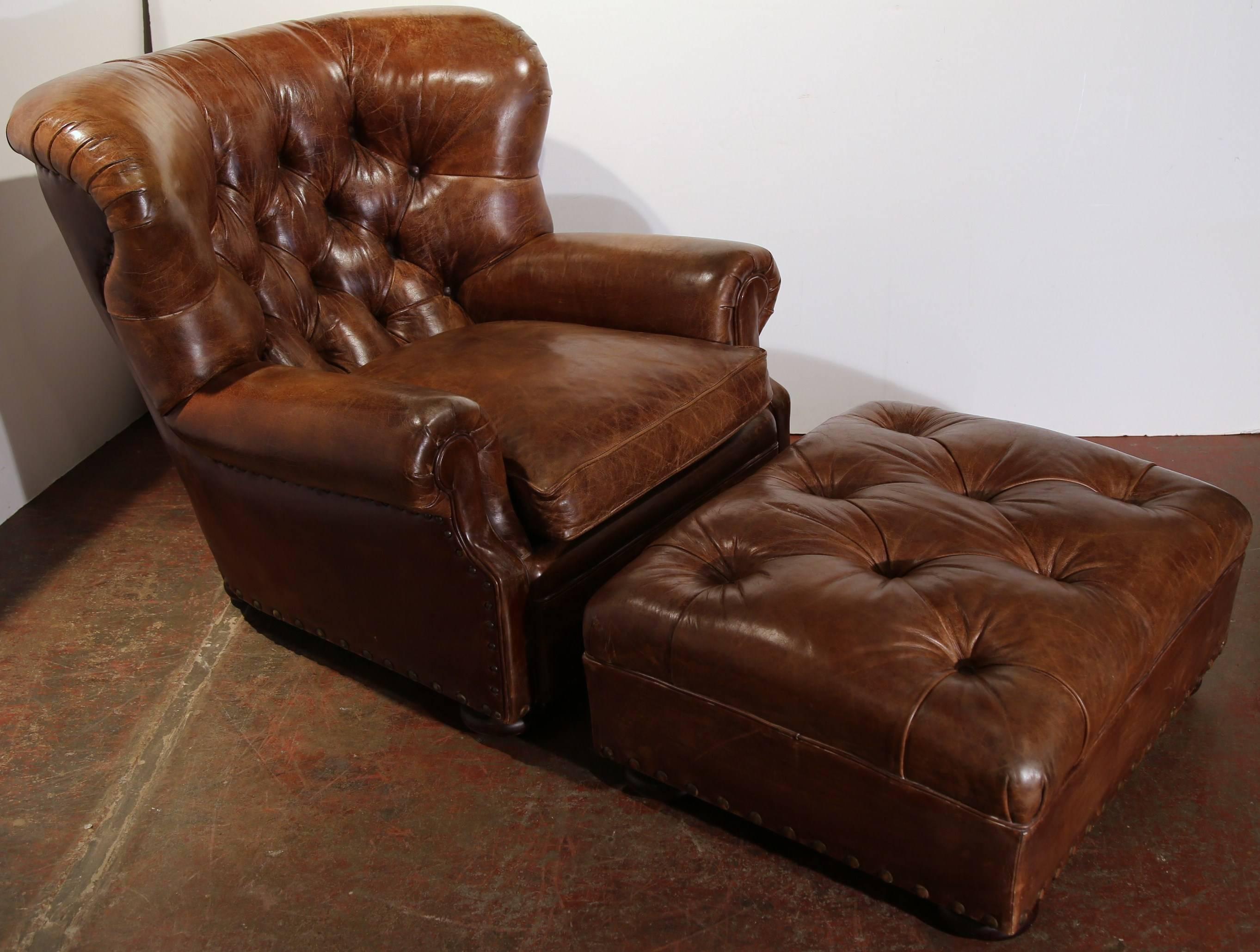 Large Vintage Ralph Lauren Brown Leather Armchair with Matching Ottoman 1