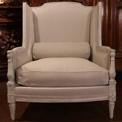 Large Pair of 19th Century French Louis XVI Painted Shaped Ears Armchairs