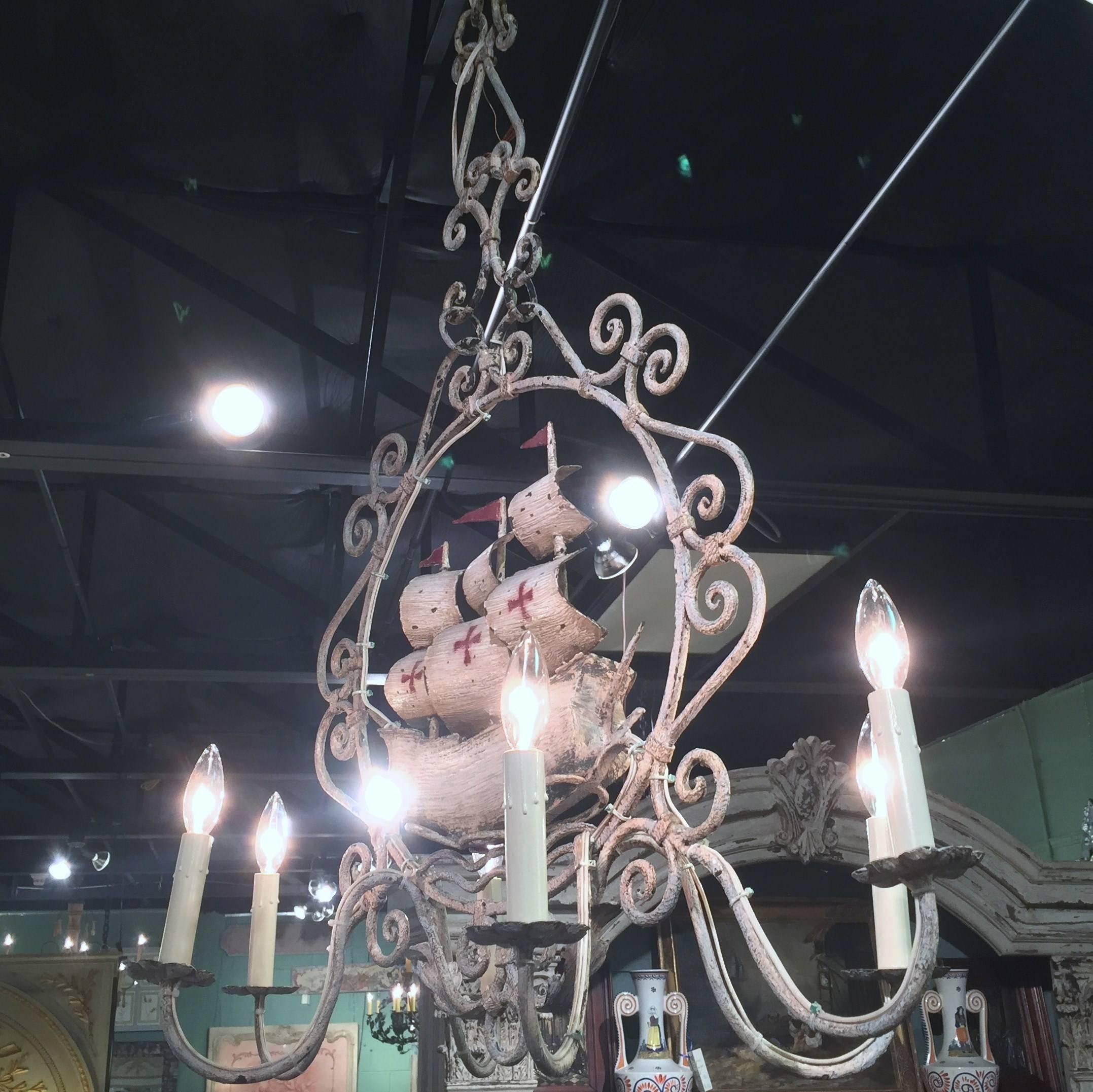Midcentury, French Painted Iron Six-Light Sailboat Chandelier 1