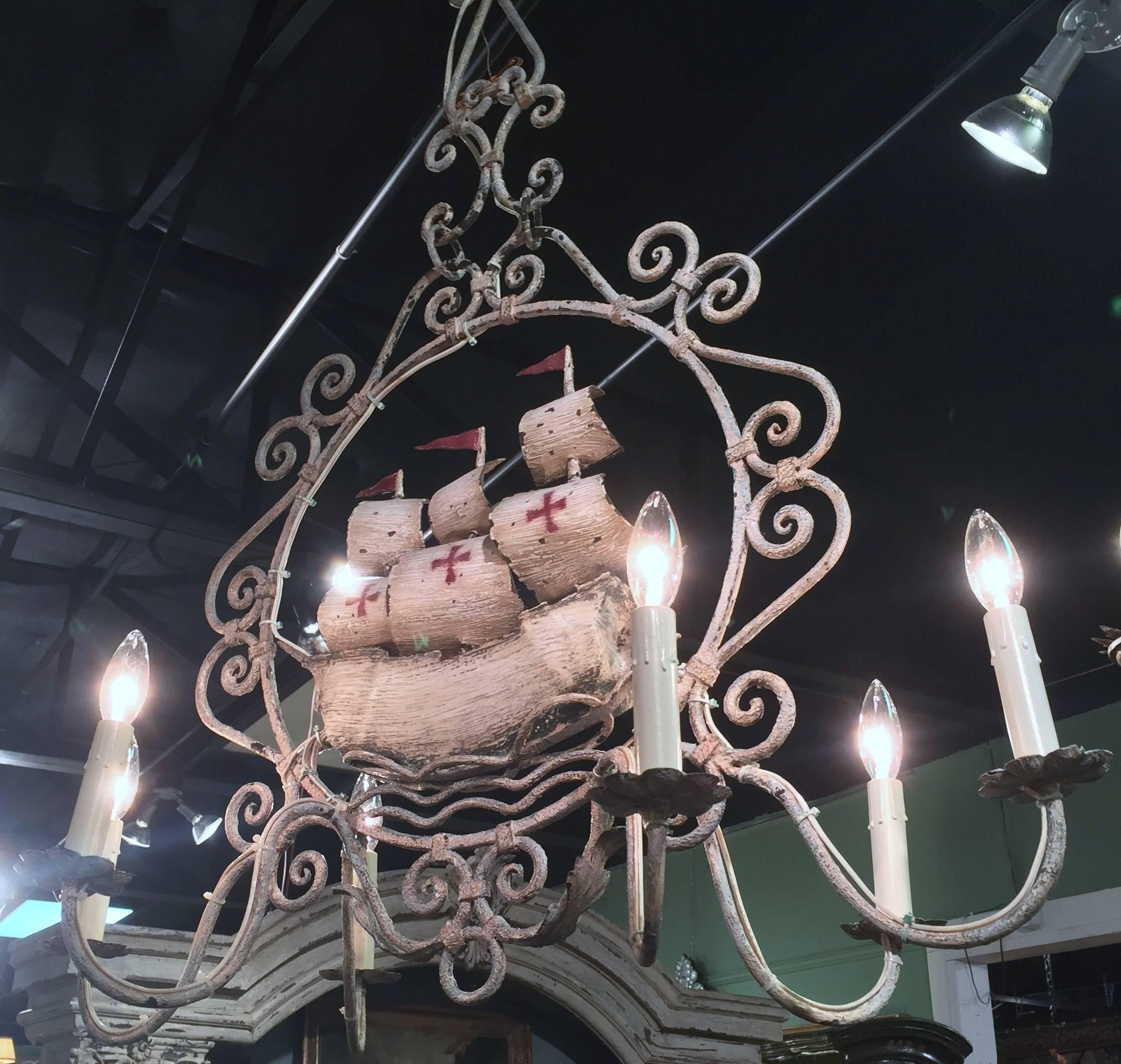 20th Century Midcentury, French Painted Iron Six-Light Sailboat Chandelier