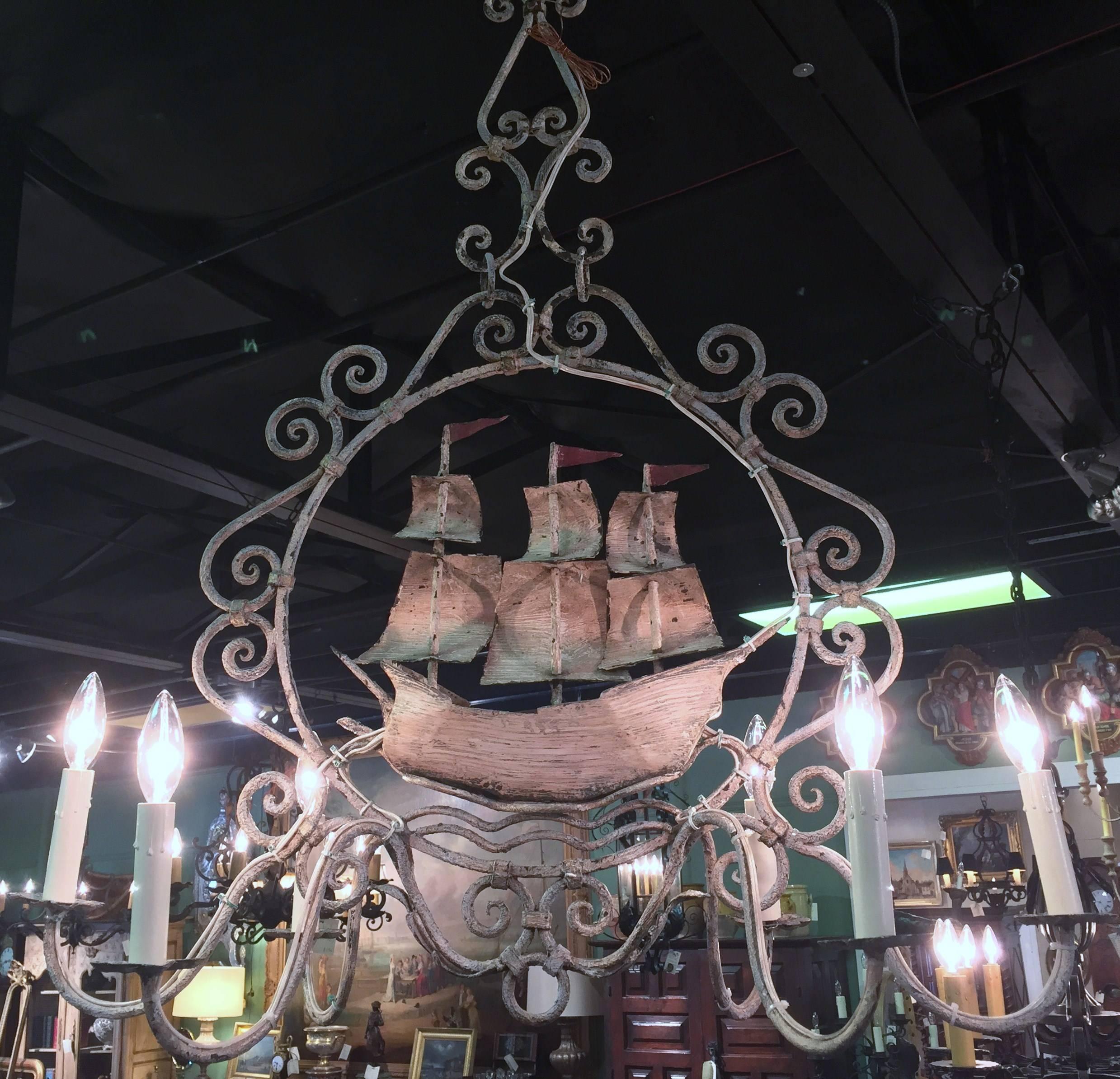 Midcentury, French Painted Iron Six-Light Sailboat Chandelier 2