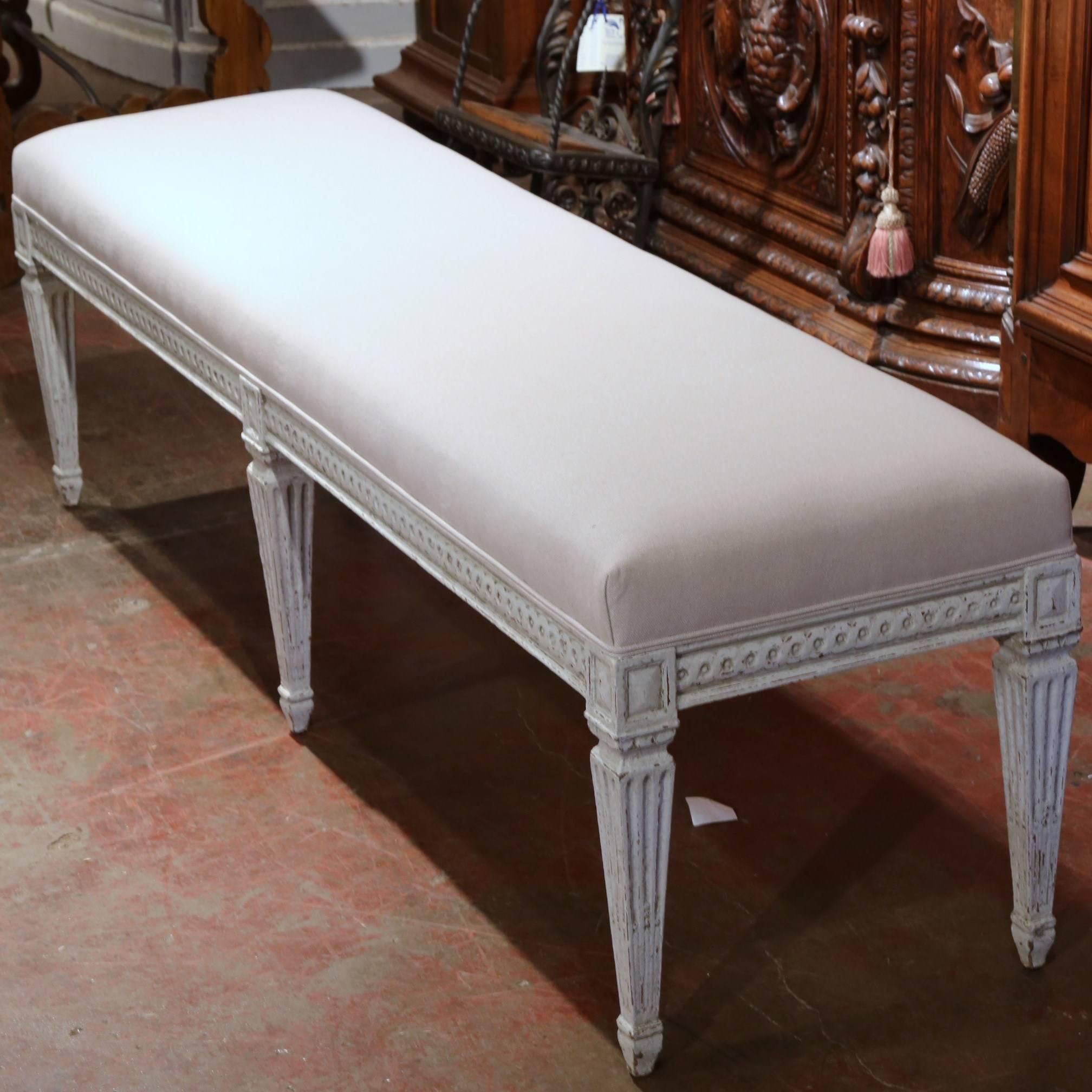 Pair of 19th Century French Painted Louis XVI Upholstered Carved Benches In Excellent Condition In Dallas, TX