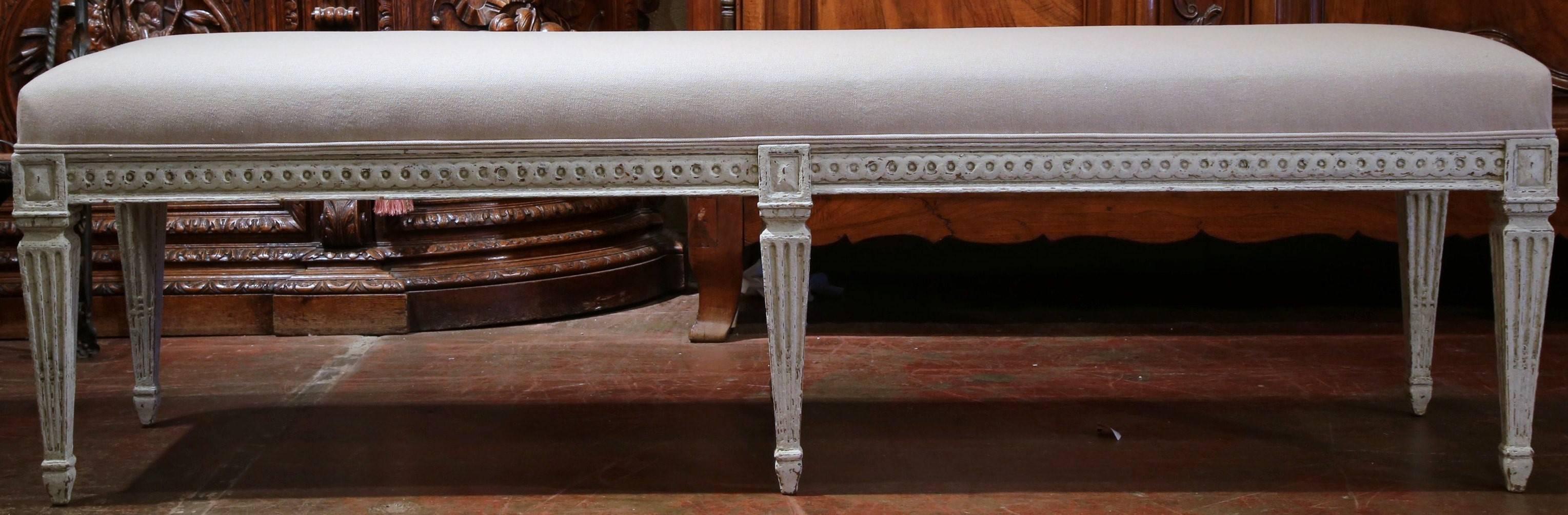 Pair of 19th Century French Painted Louis XVI Upholstered Carved Benches 7