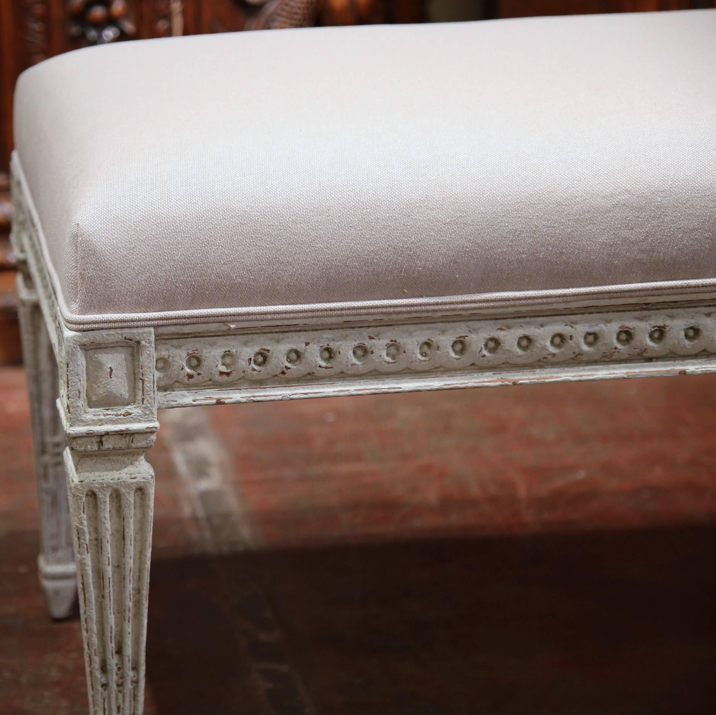 Pair of 19th Century French Painted Louis XVI Upholstered Carved Benches 3