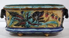 19th Century Hand-Painted Barbotine Jardinière with Dog, Horse and Flowers