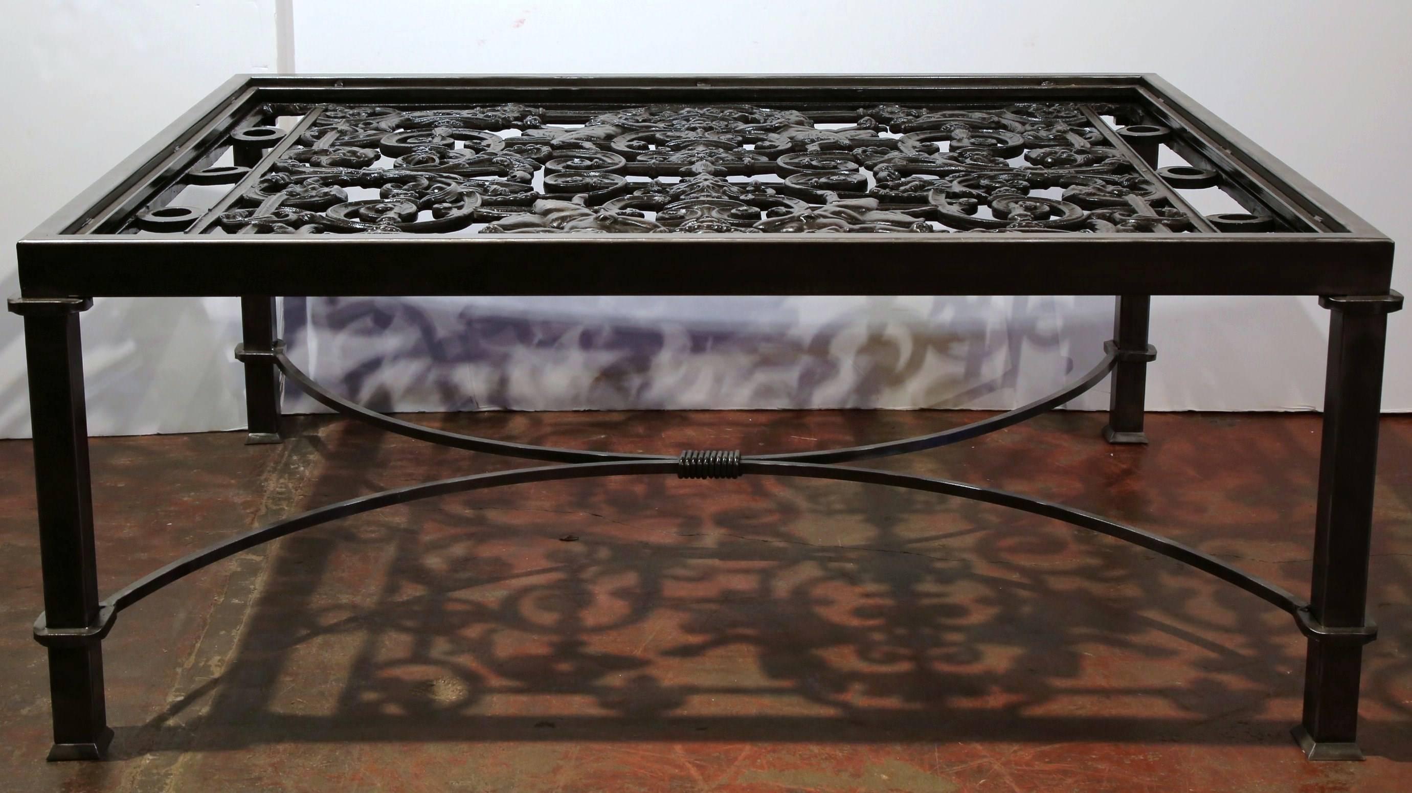 Polished Iron Coffee Table Base with Cherubs Made with 19th Century French Gates 2