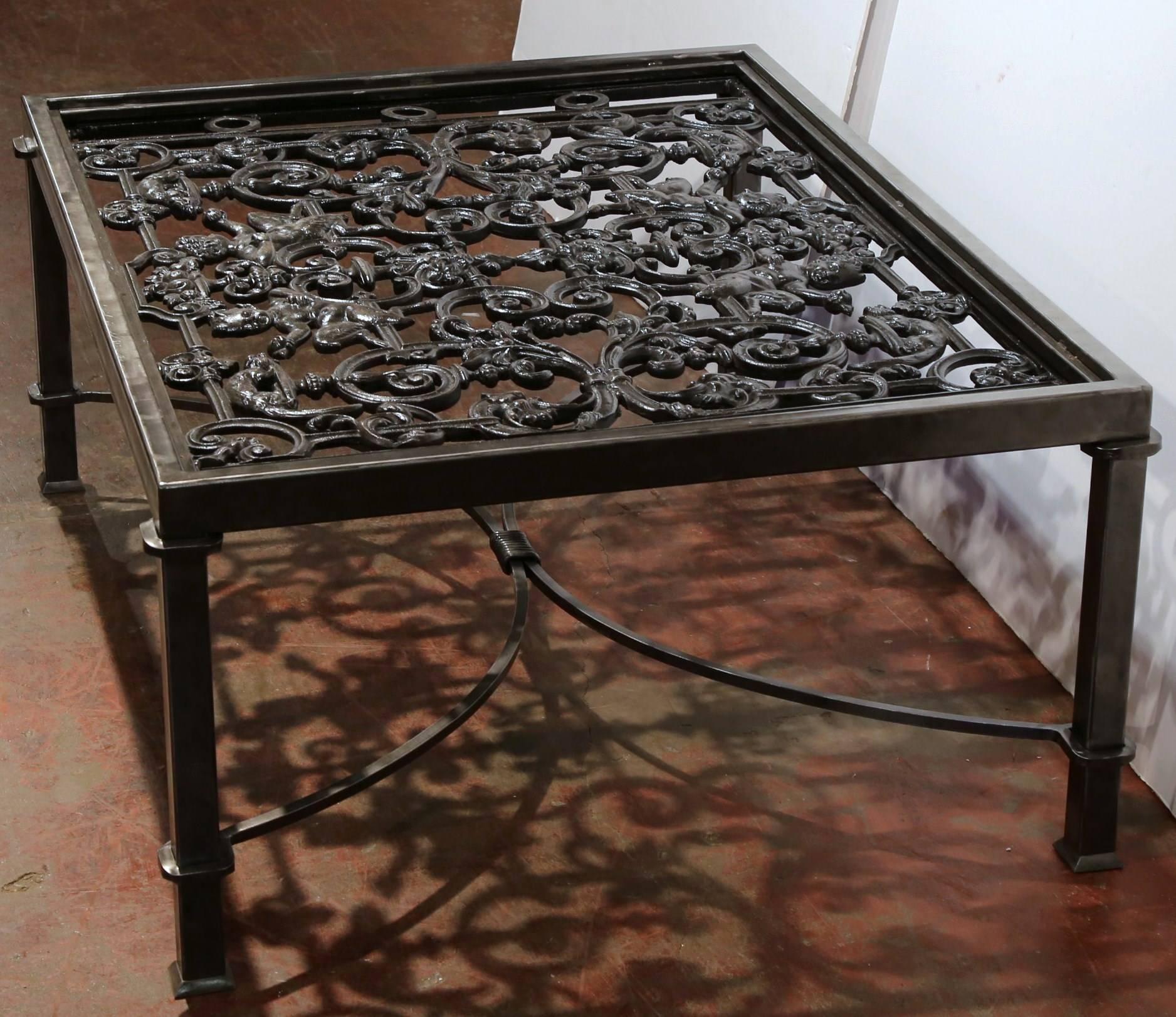 Polished Iron Coffee Table Base with Cherubs Made with 19th Century French Gates In Excellent Condition In Dallas, TX