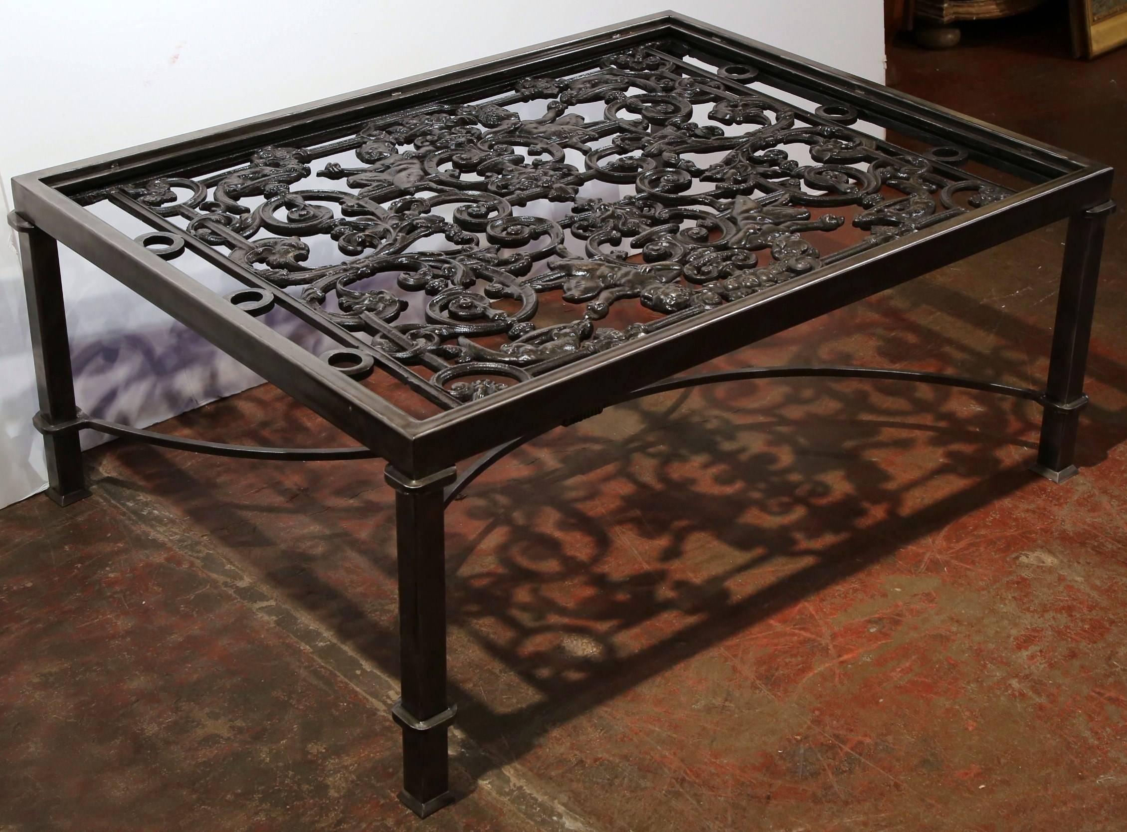 Polished Iron Coffee Table Base with Cherubs Made with 19th Century French Gates 1