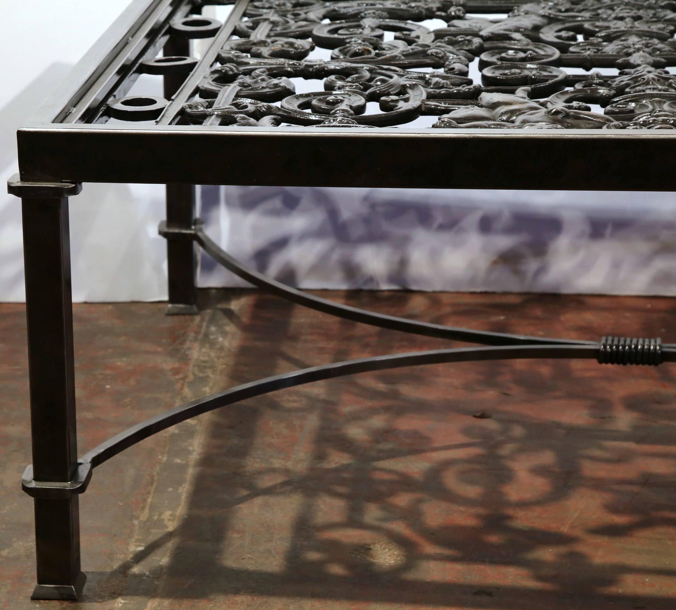 Polished Iron Coffee Table Base with Cherubs Made with 19th Century French Gates 3