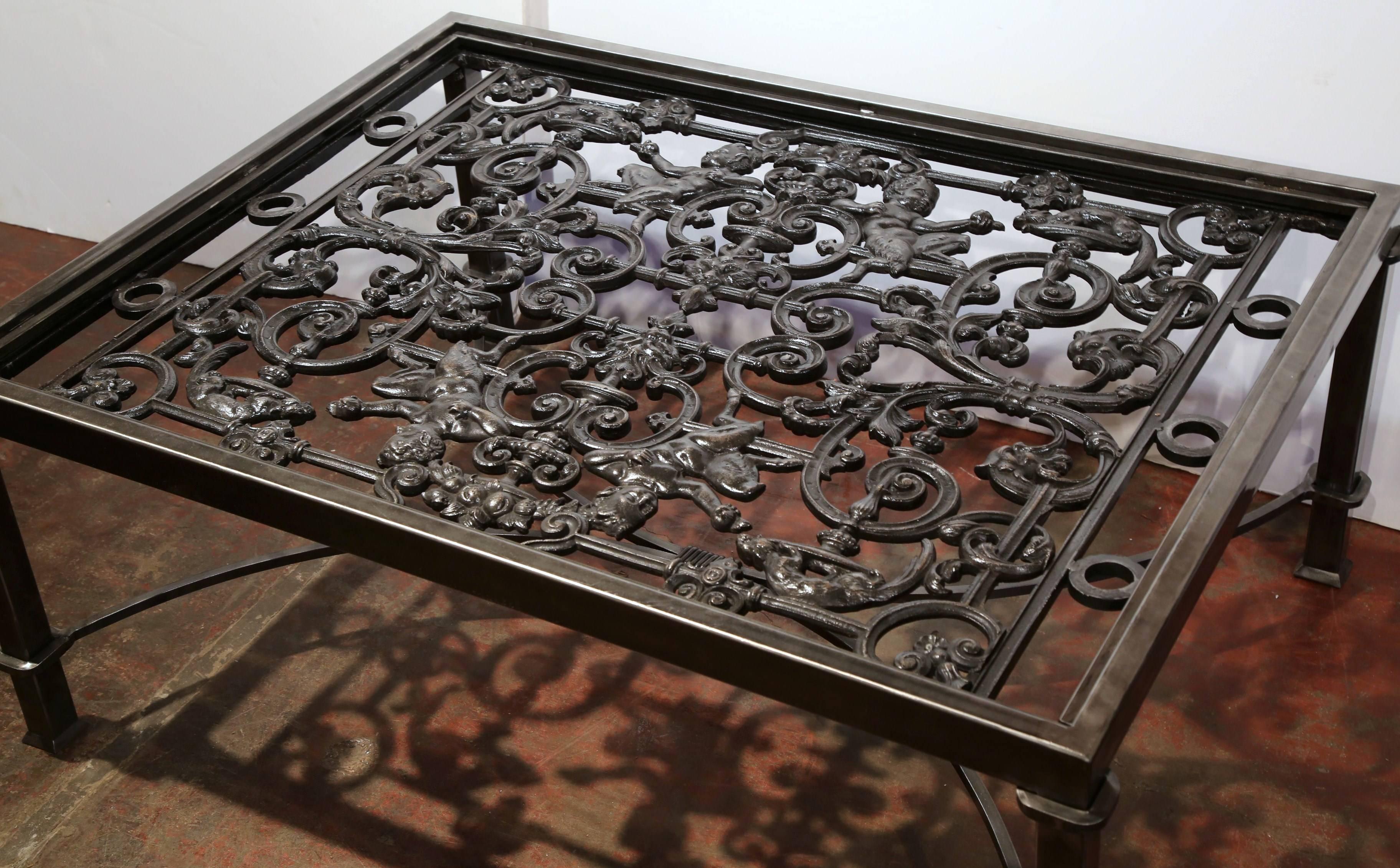 Polished Iron Coffee Table Base with Cherubs Made with 19th Century French Gates 4