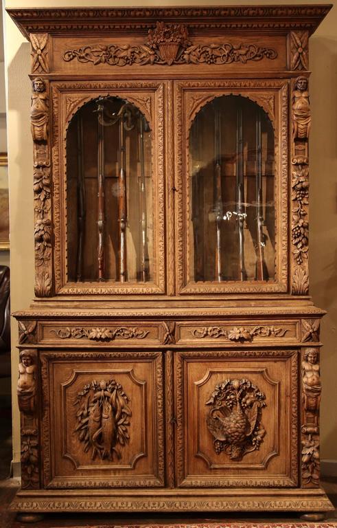 19th Century French Napoleon Iii Carved Light Oak Gun Cabinet At