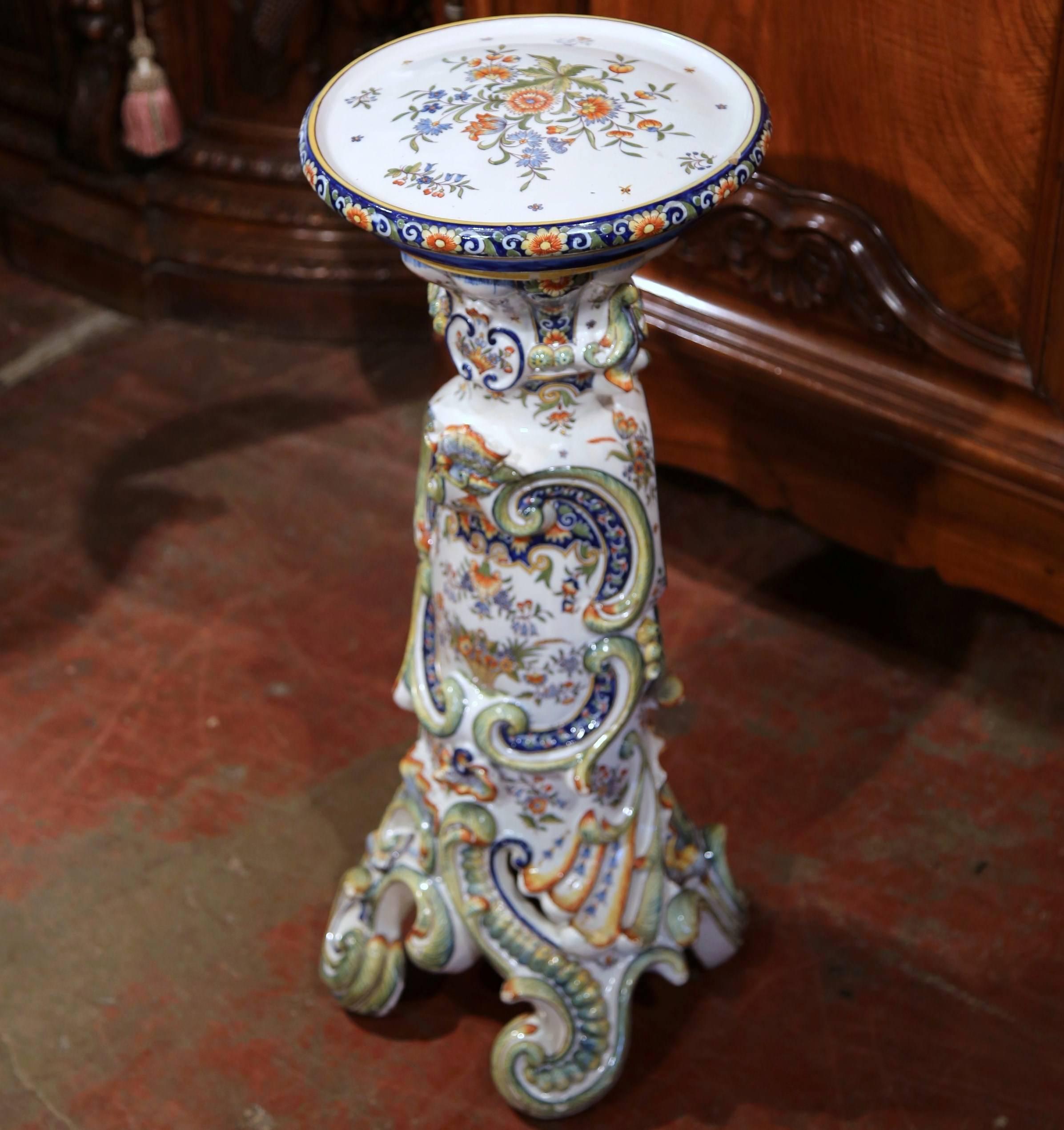 Louis XV 19th Century French Carved Hand Painted Faience Pedestal Table from Rouen